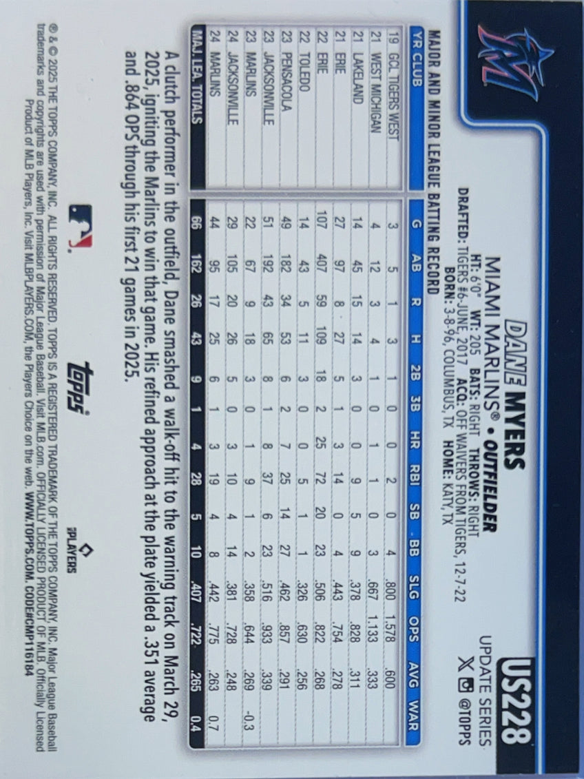 2025 Topps Update Series Dane Myers #US228 Orange Foil