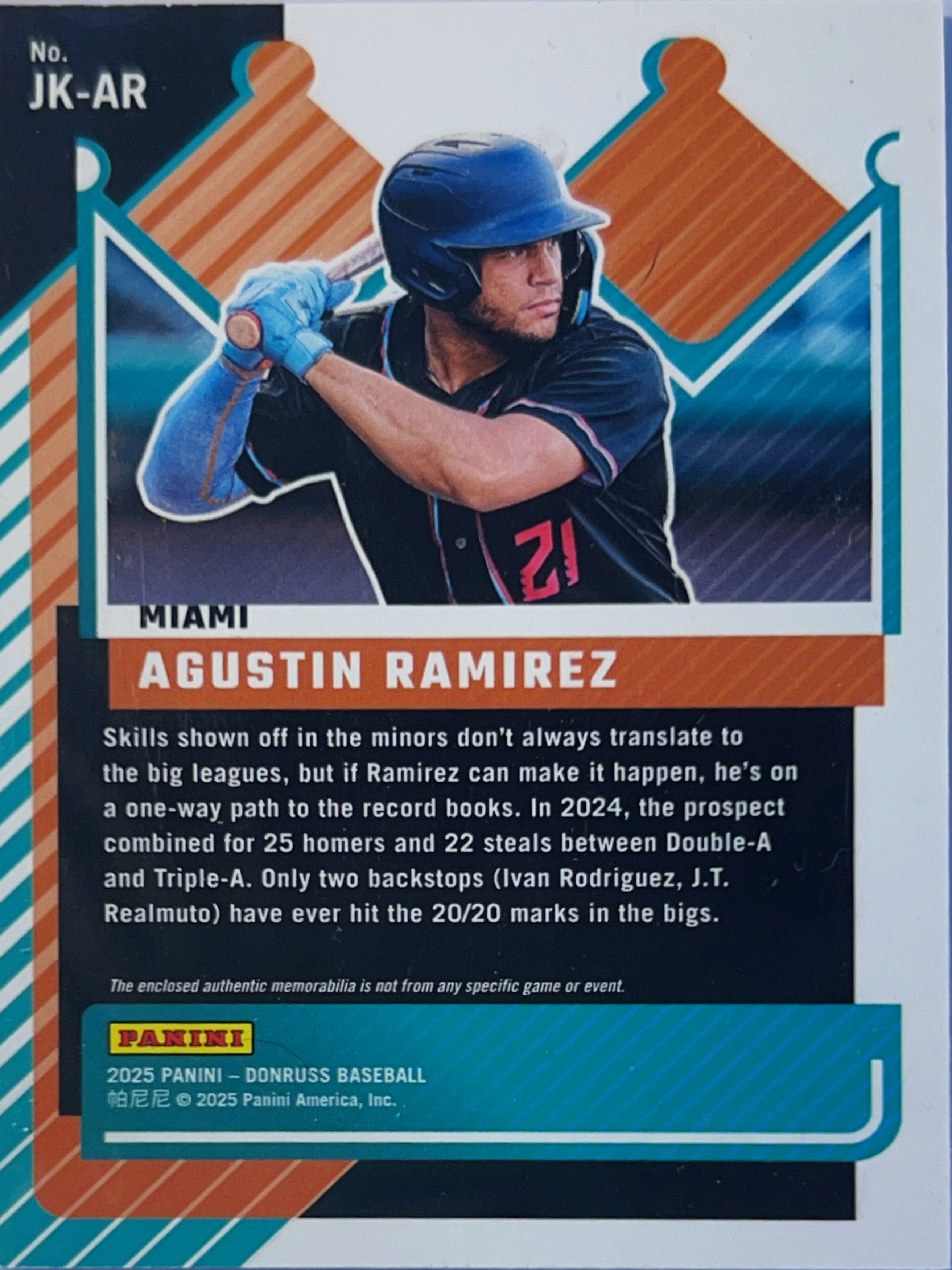 2025 Panini Donruss Jersey Kings Agustin Ramirez #JK-AR /20 Memorabilia