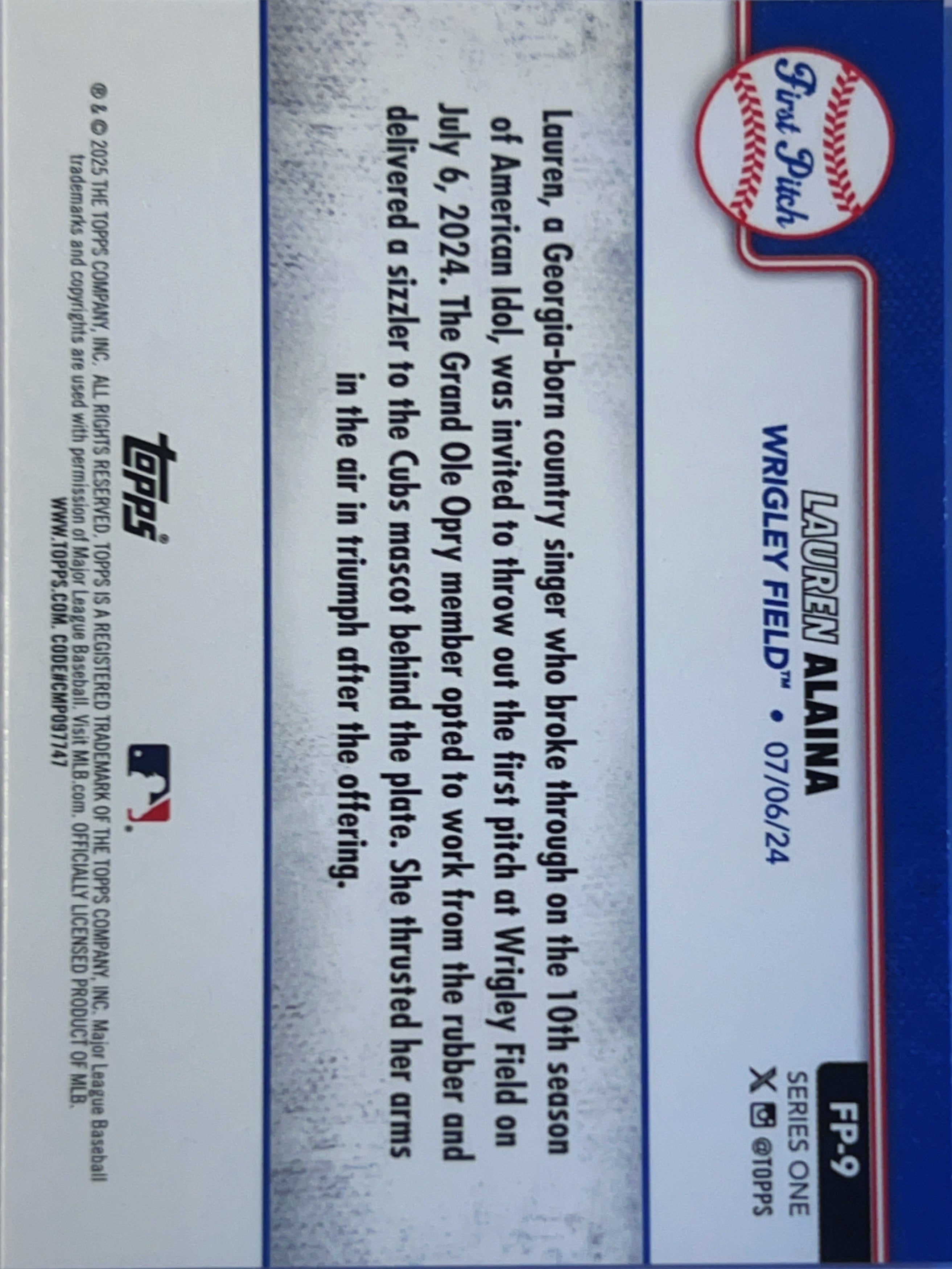 2025 Topps Series One First Pitch Lauren Alaina #FP-9