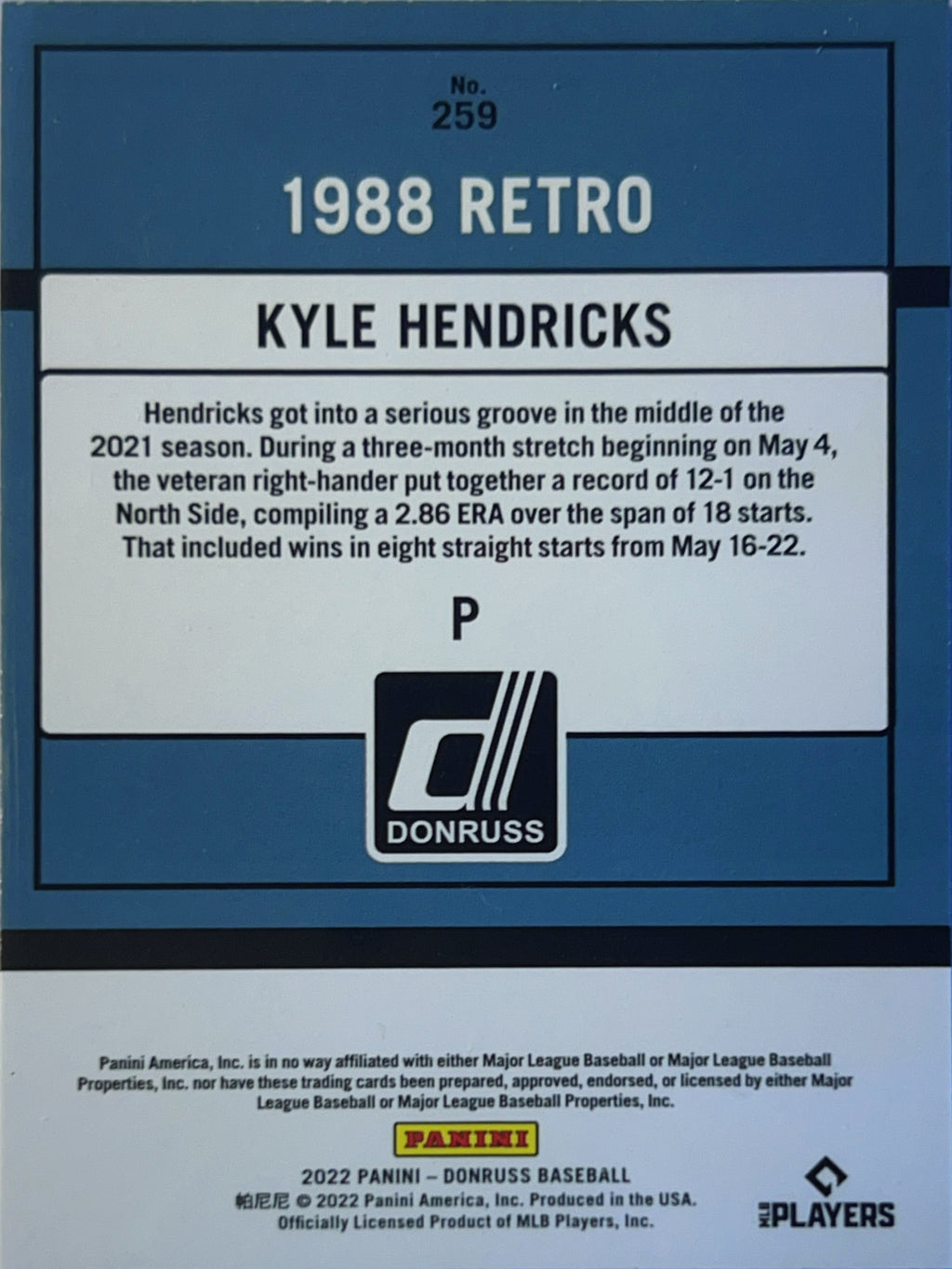 2022 Donruss 1988 Retro Kyle Hendricks #259 Pink Holo