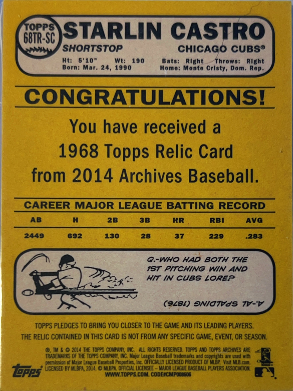 2014 Topps Archives Starlin Castro #68TR-SC Game-Used Memorabilia
