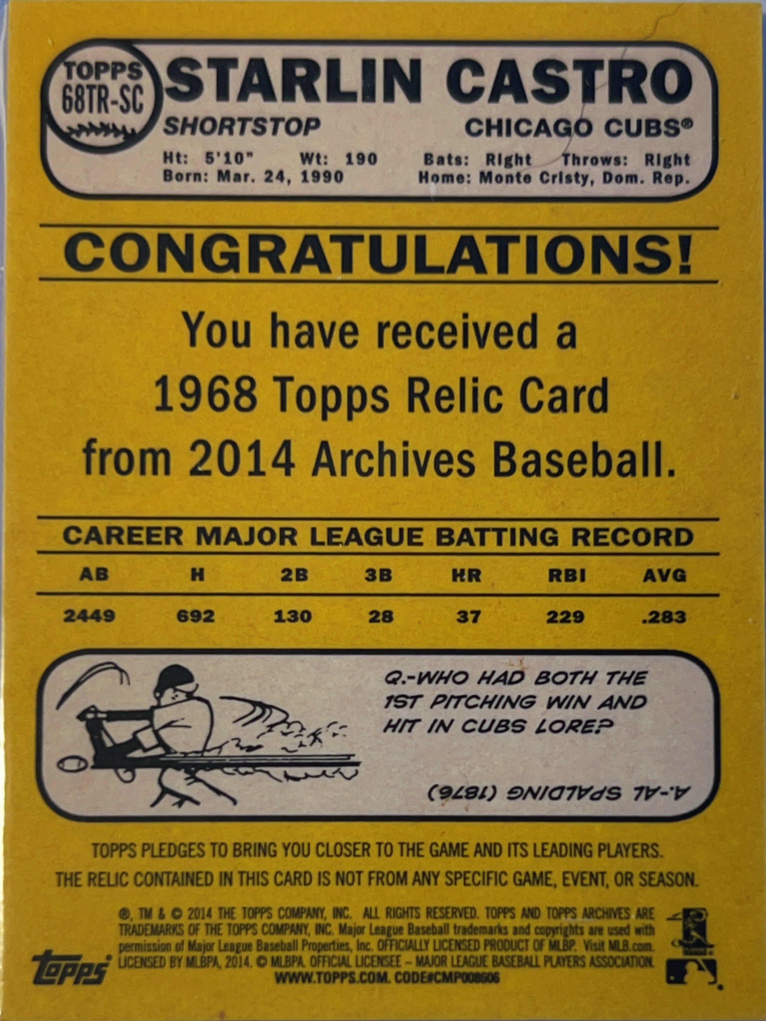 2014 Topps Archives Starlin Castro #68TR-SC Game-Used Memorabilia