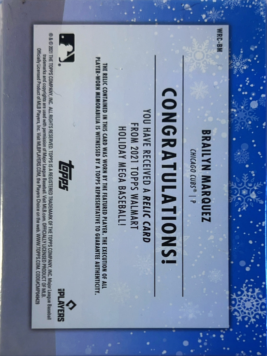 2021 Topps Holiday Mega Baseball Brailyn Marquez #WRC-BM RC Player-worn Mem