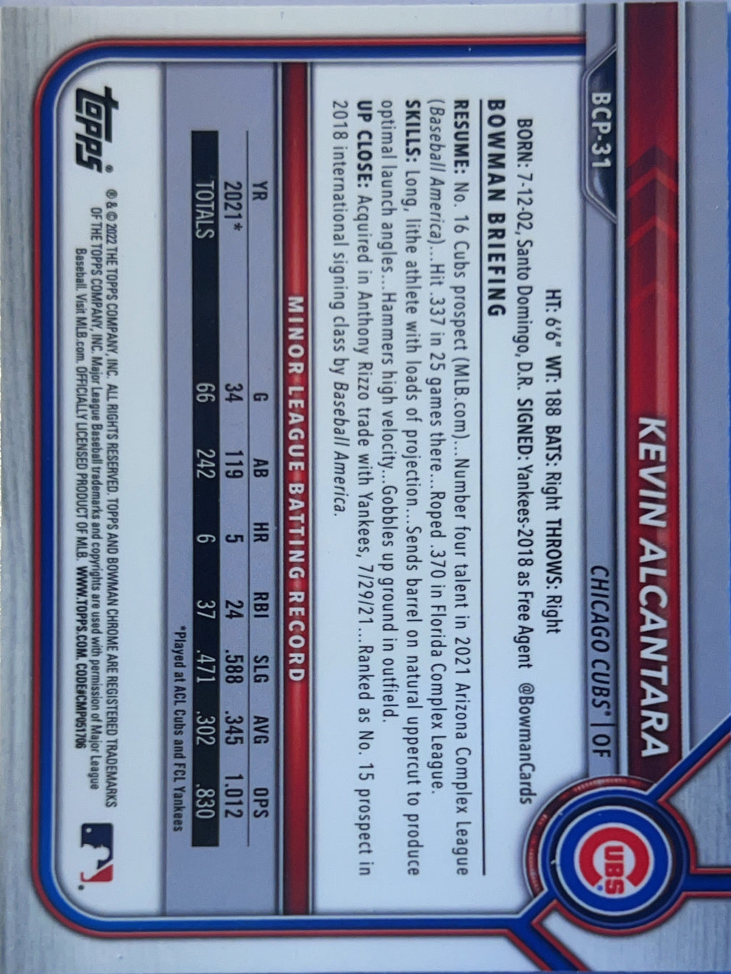 2022 Bowman Chrome Kevin Alcantara #BCP-31