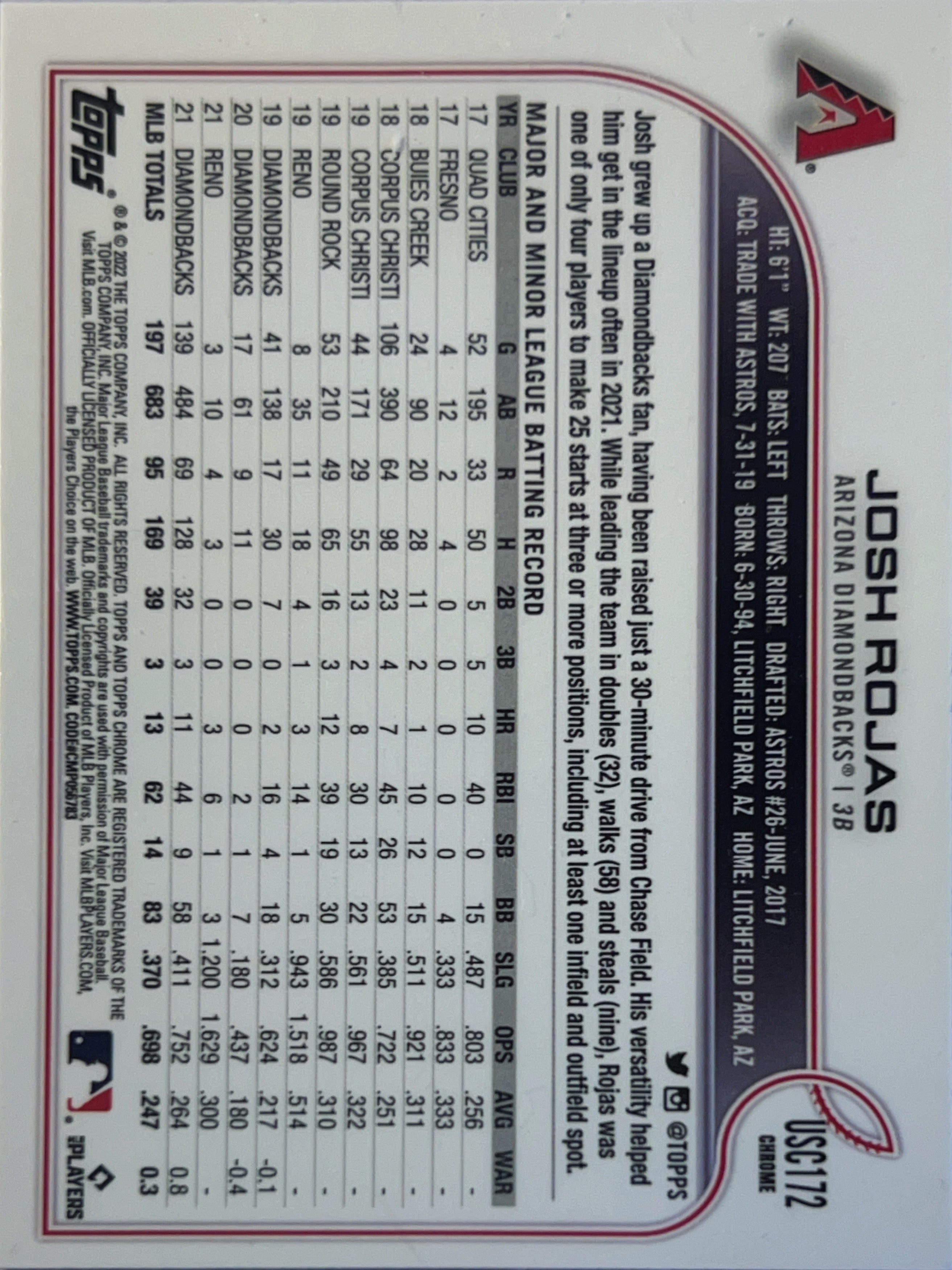 2022 Topps Chrome Josh Rojas #USC172 Purple Speckle Refractor