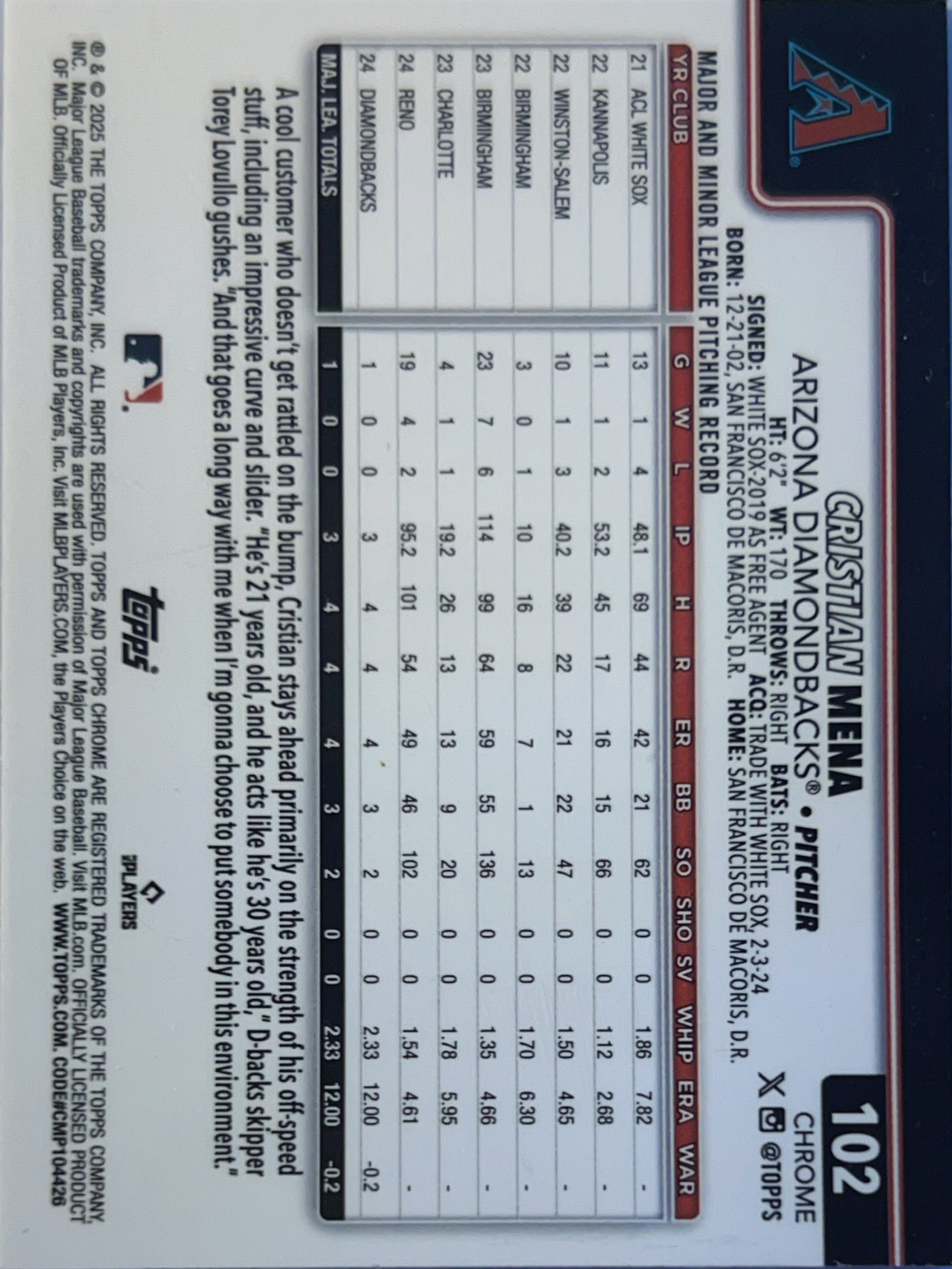 2025 Topps Chrome Cristian Mena #102 RC