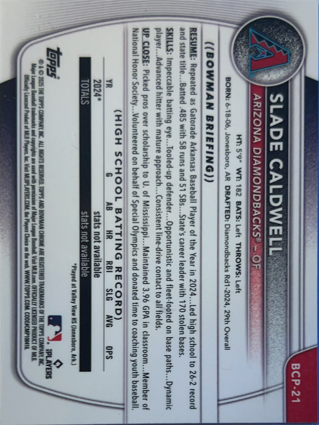 2025 Bowman Chrome Slade Caldwell #BCP-21 Reptilian Refractor