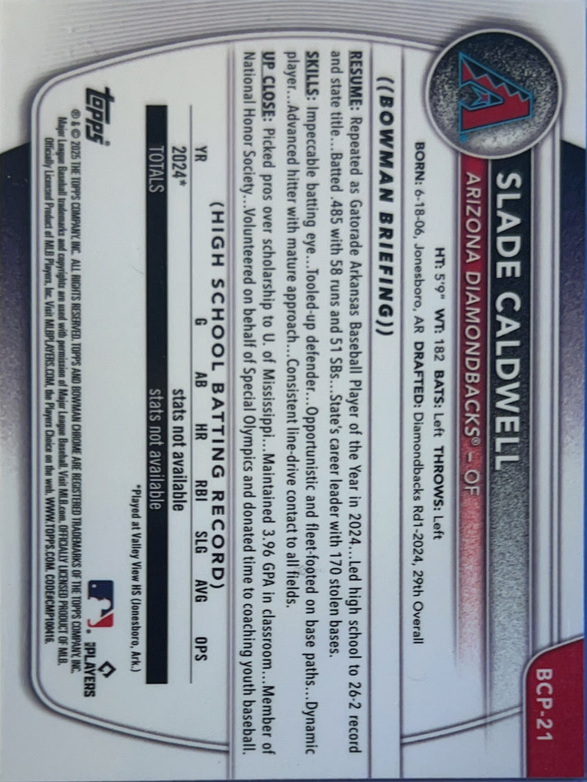 2025 Bowman Chrome Slade Caldwell #BCP-21 Reptilian Refractor