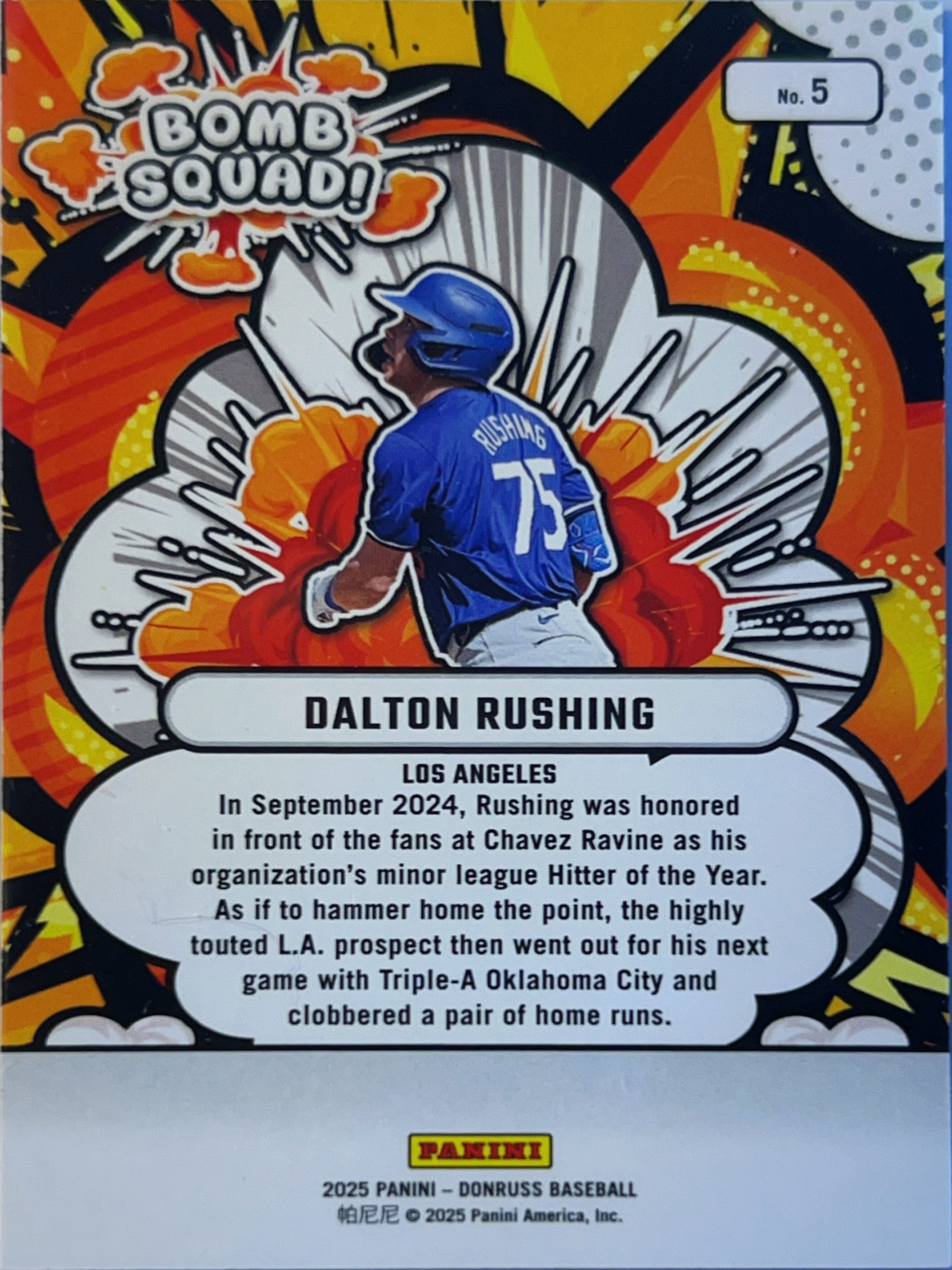 2025 Panini Donruss Baseball Bomb Squad Dalton Rushing #5 Orange Ice /75