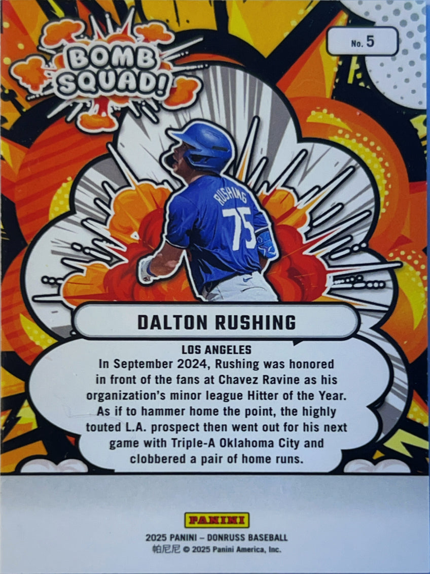 2025 Panini Donruss Baseball Bomb Squad Dalton Rushing #5 Orange Ice /75