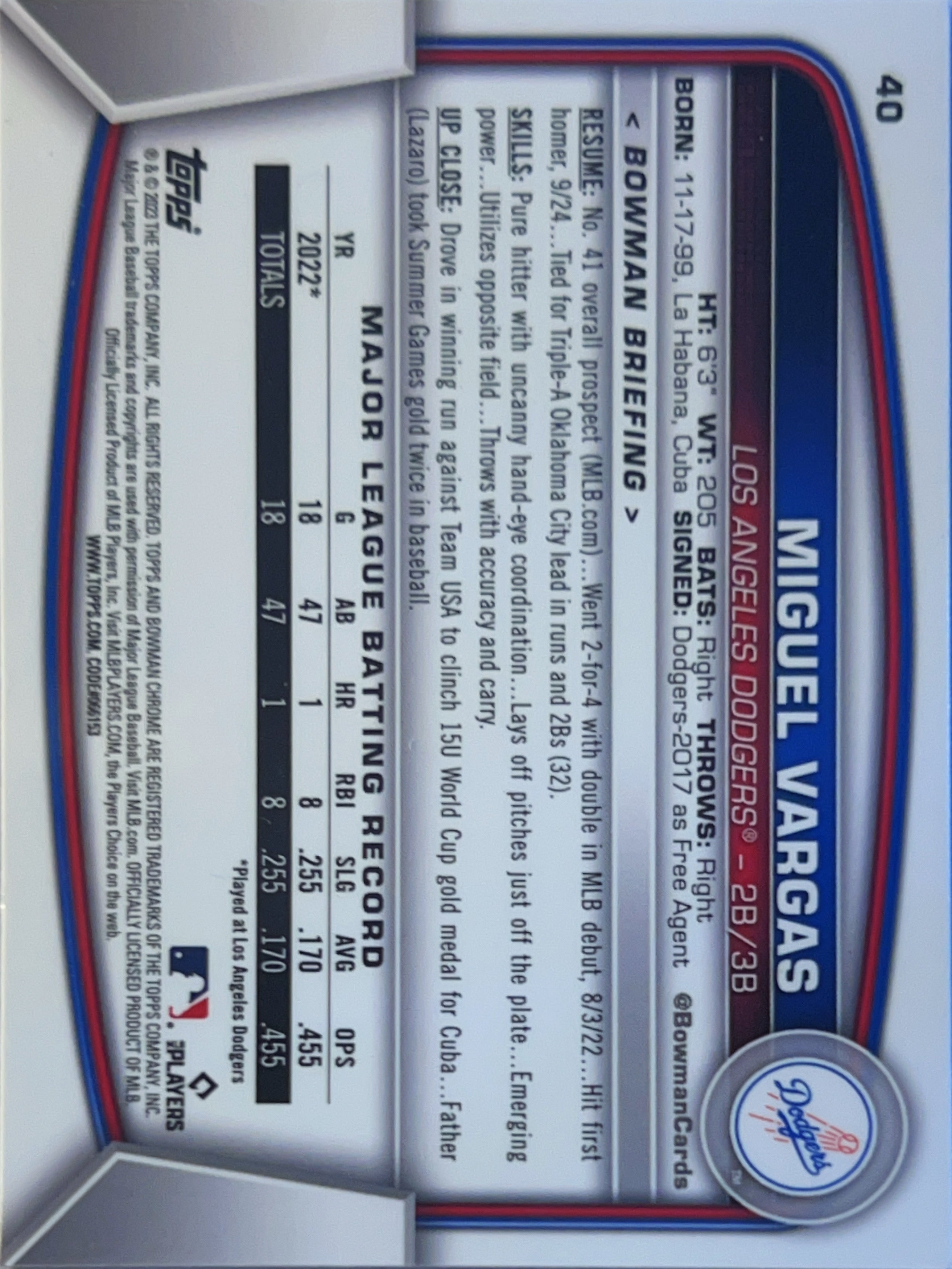 2023 Bowman Chrome Miguel Vargas #40 Blue Sapphire Refractor RC