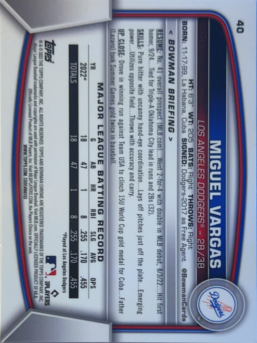 2023 Bowman Chrome Miguel Vargas #40 Blue Sapphire Refractor RC