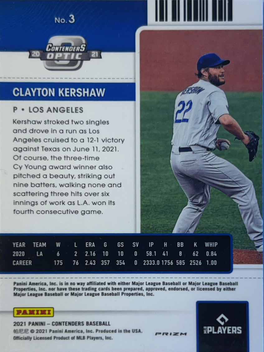 2021 Panini Contenders Optic Prizm Clayton Kershaw #3 Blue Shimmer