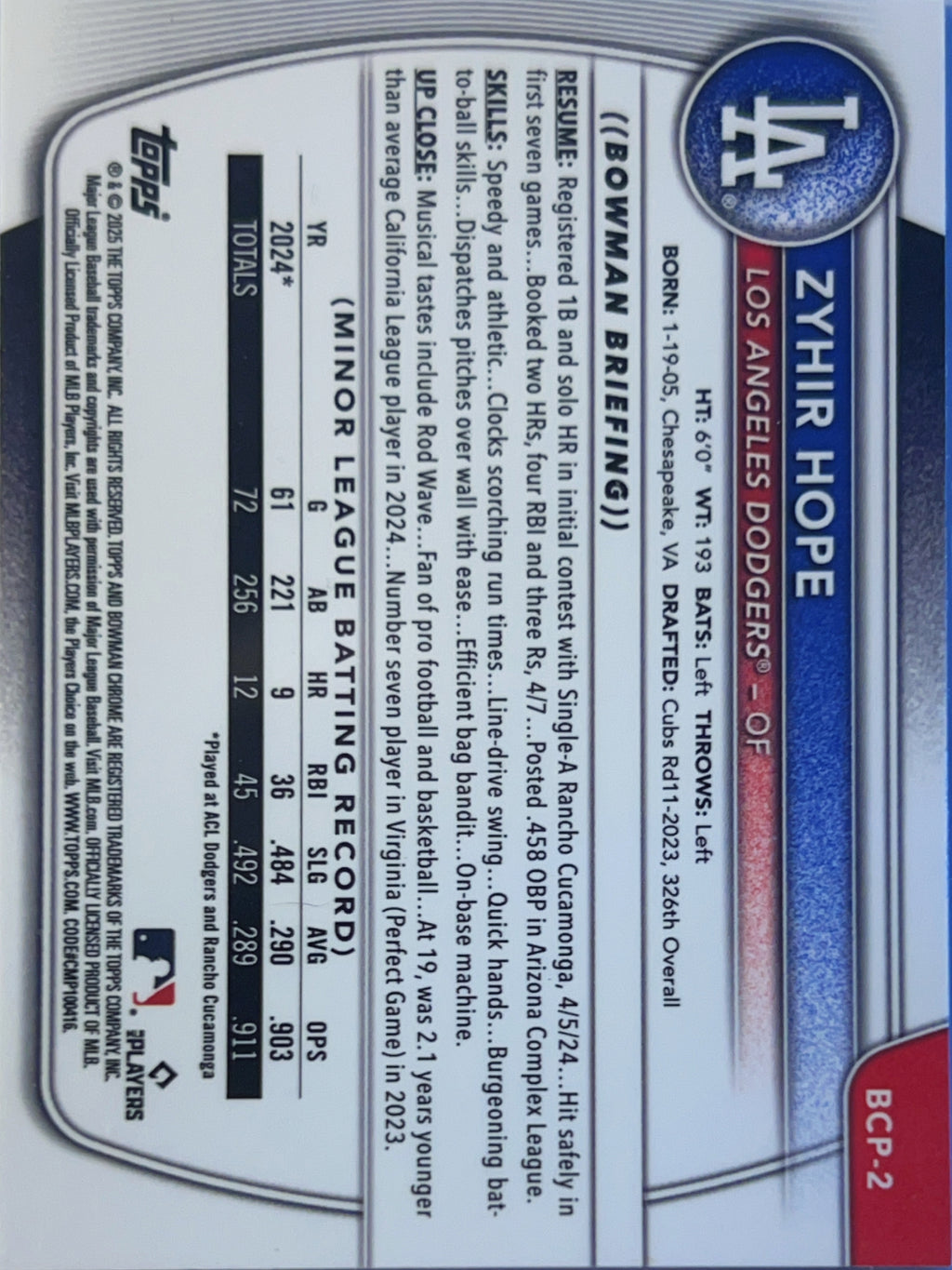 2025 Topps Bowman Chrome Zyhir Hope #BCP-2 Reptilian Refractor