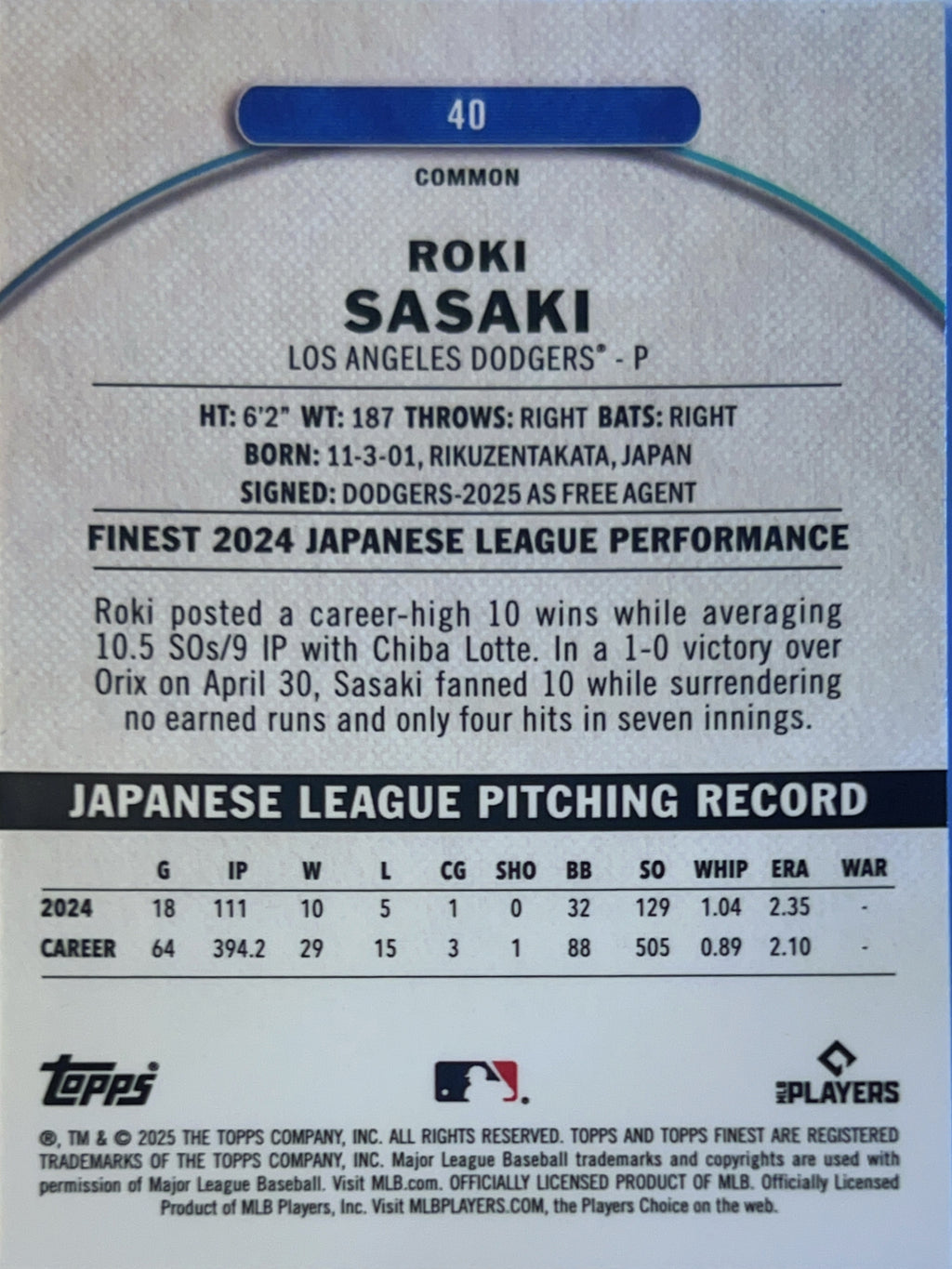 2025 Topps Finest Roki Sasaki #40 RC