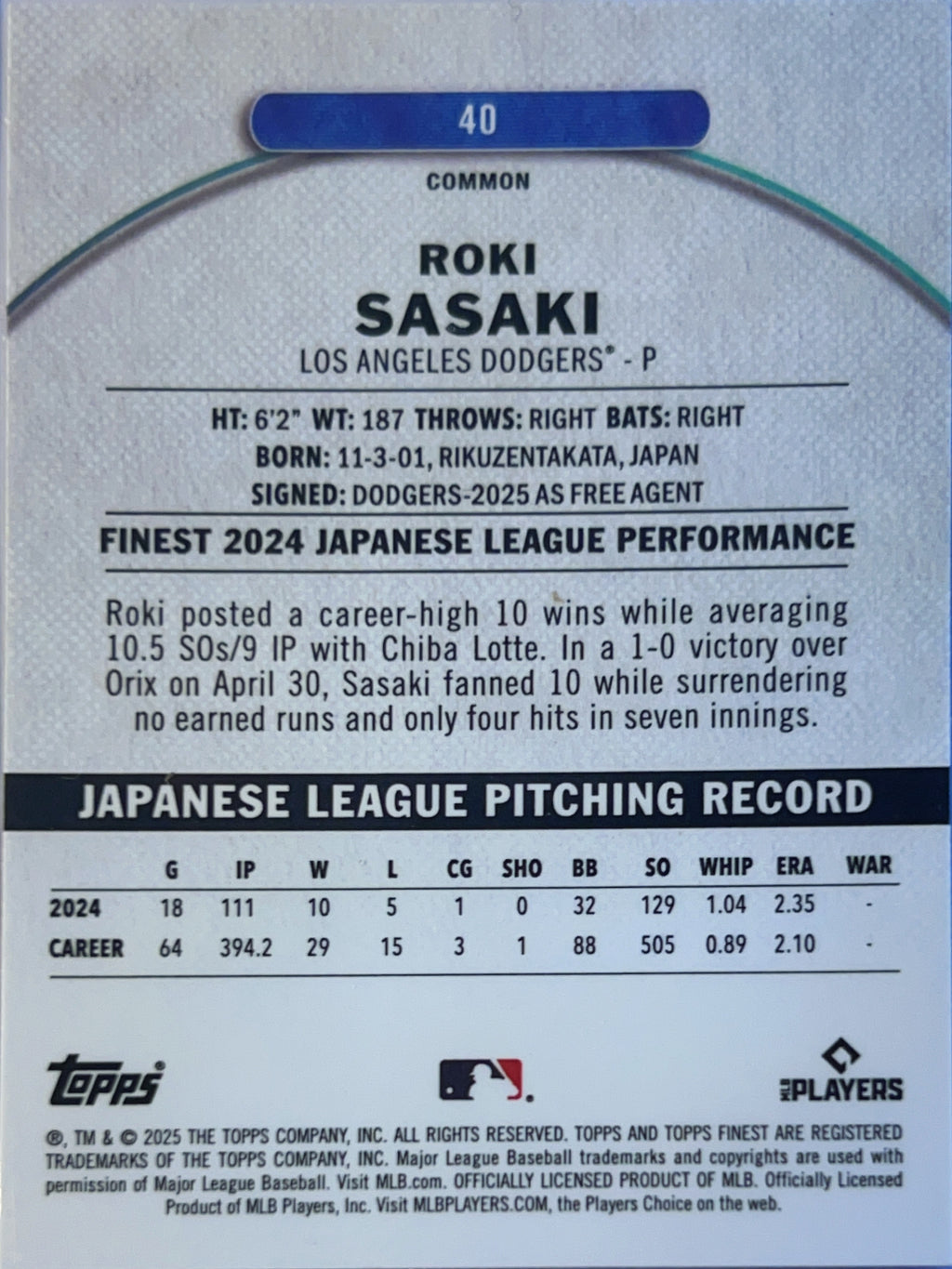 2025 Topps Finest Roki Sasaki #40 RC