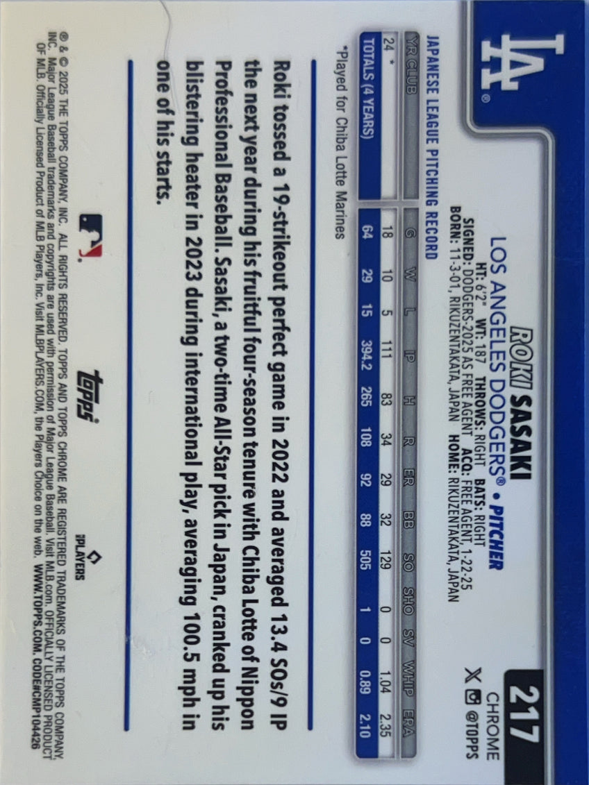 2025 Topps Chrome Roki Sasaki #217 RC