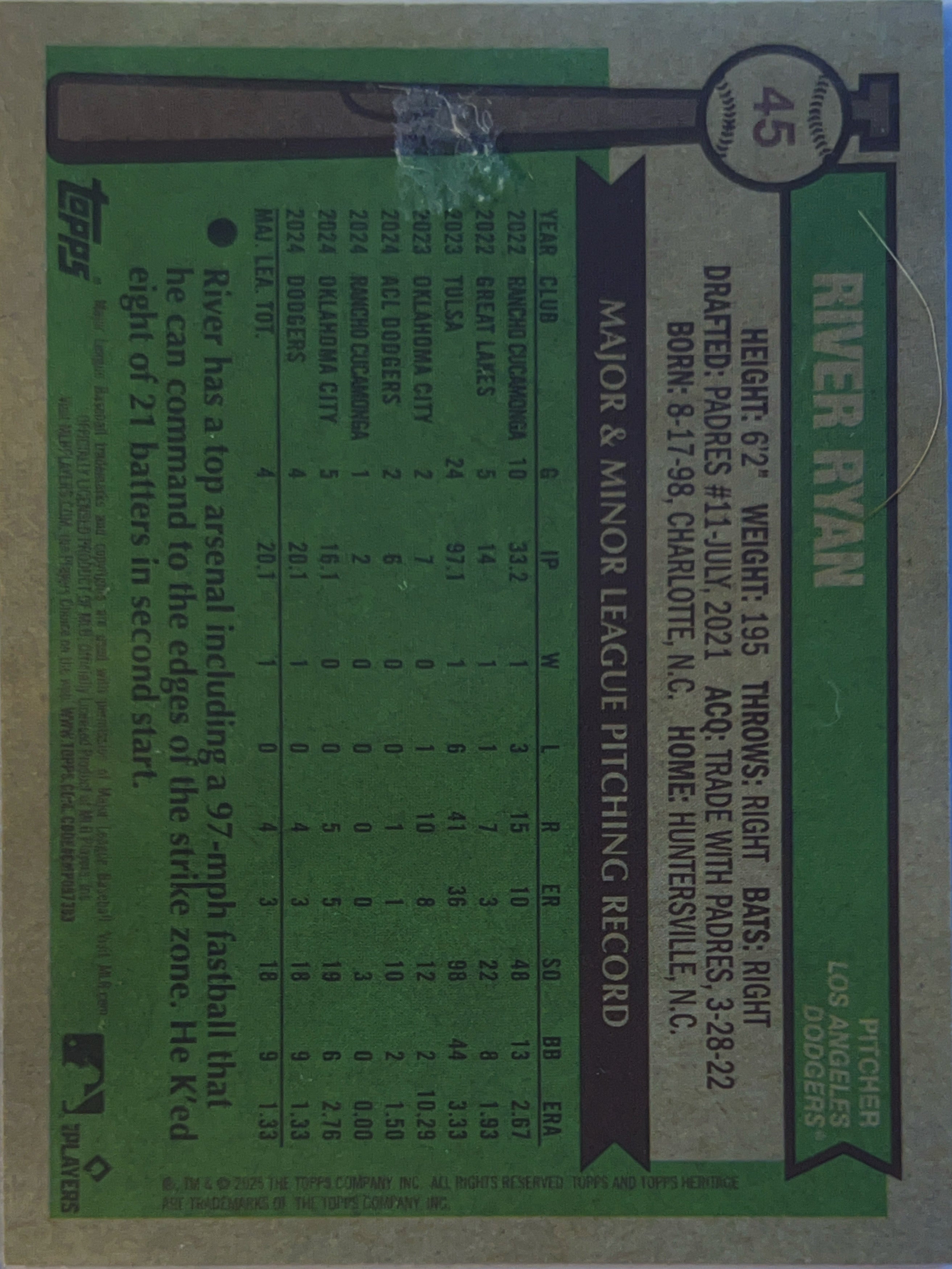 2025 Topps Heritage River Ryan #45 Burgundy Sparkle RC
