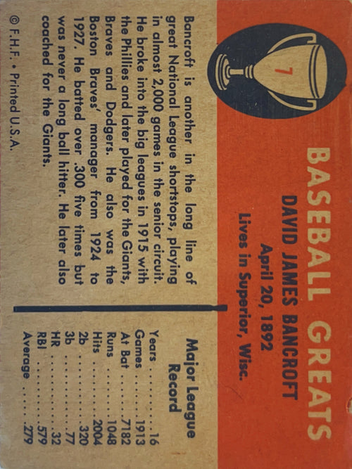 1961 Fleer Baseball Greats Dave Bancroft #7