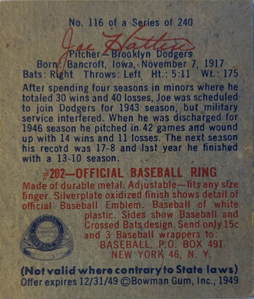 1949 Bowman Joe Hatten #116