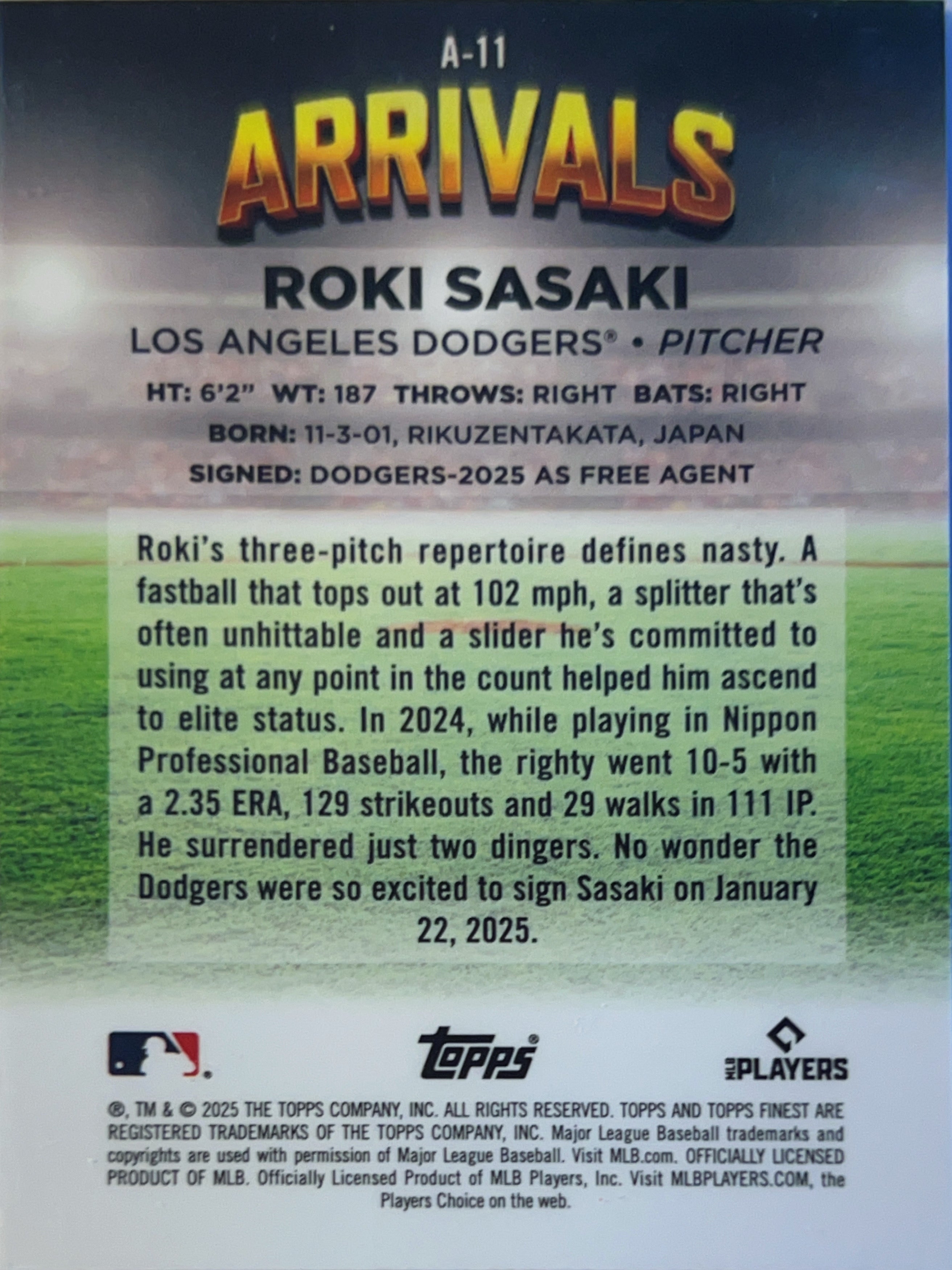 2025 Topps Finest Arrivals Roki Sasaki #A-11 RC