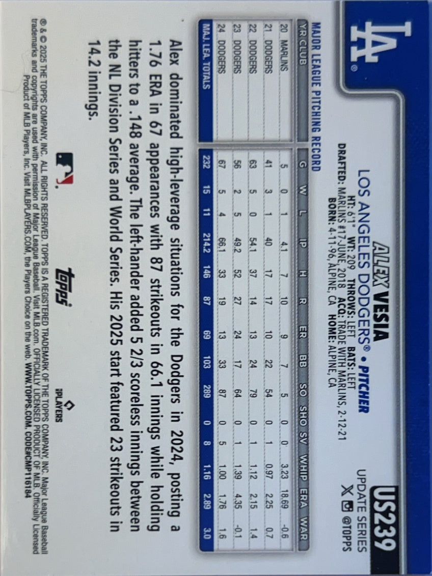2025 Topps Update Series Alex Vesia #US239 Orange Foil