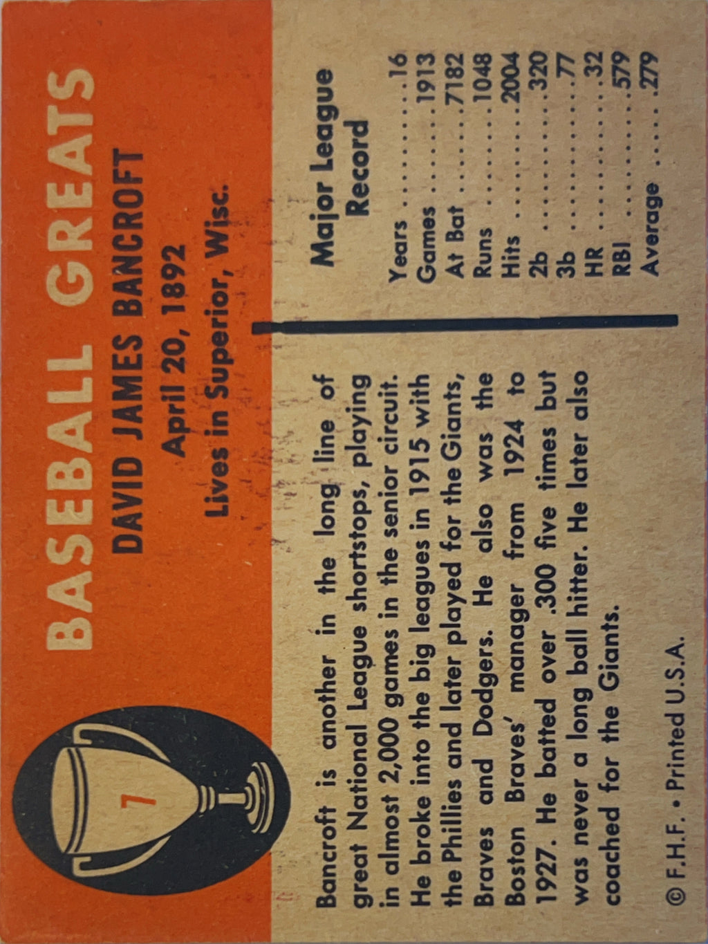 1961 Fleer Baseball Greats Dave Bancroft #7