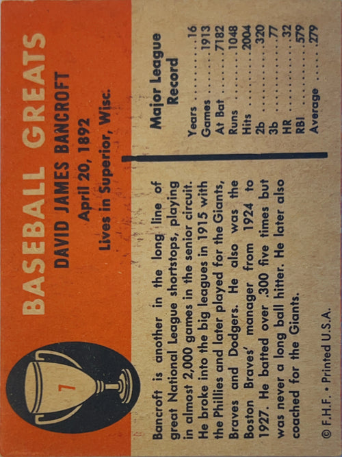 1961 Fleer Baseball Greats Dave Bancroft #7