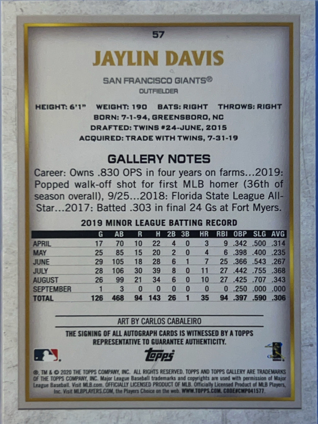 2020 Topps Gallery Jaylin Davis #57 RC Auto