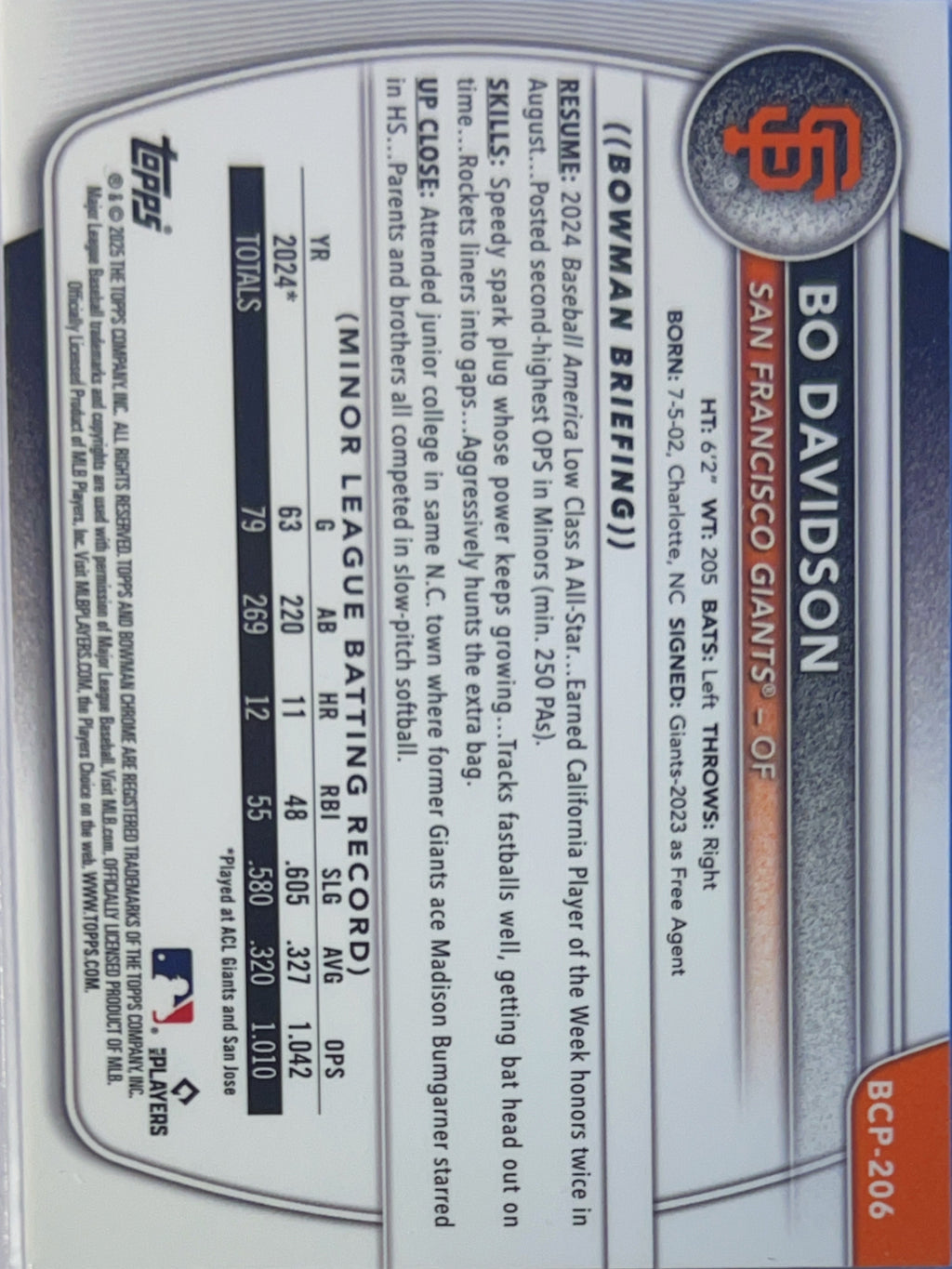 2025 Topps Bowman Chrome Bo Davidson #BCP-206 Mojo Refractor 1st Bowman