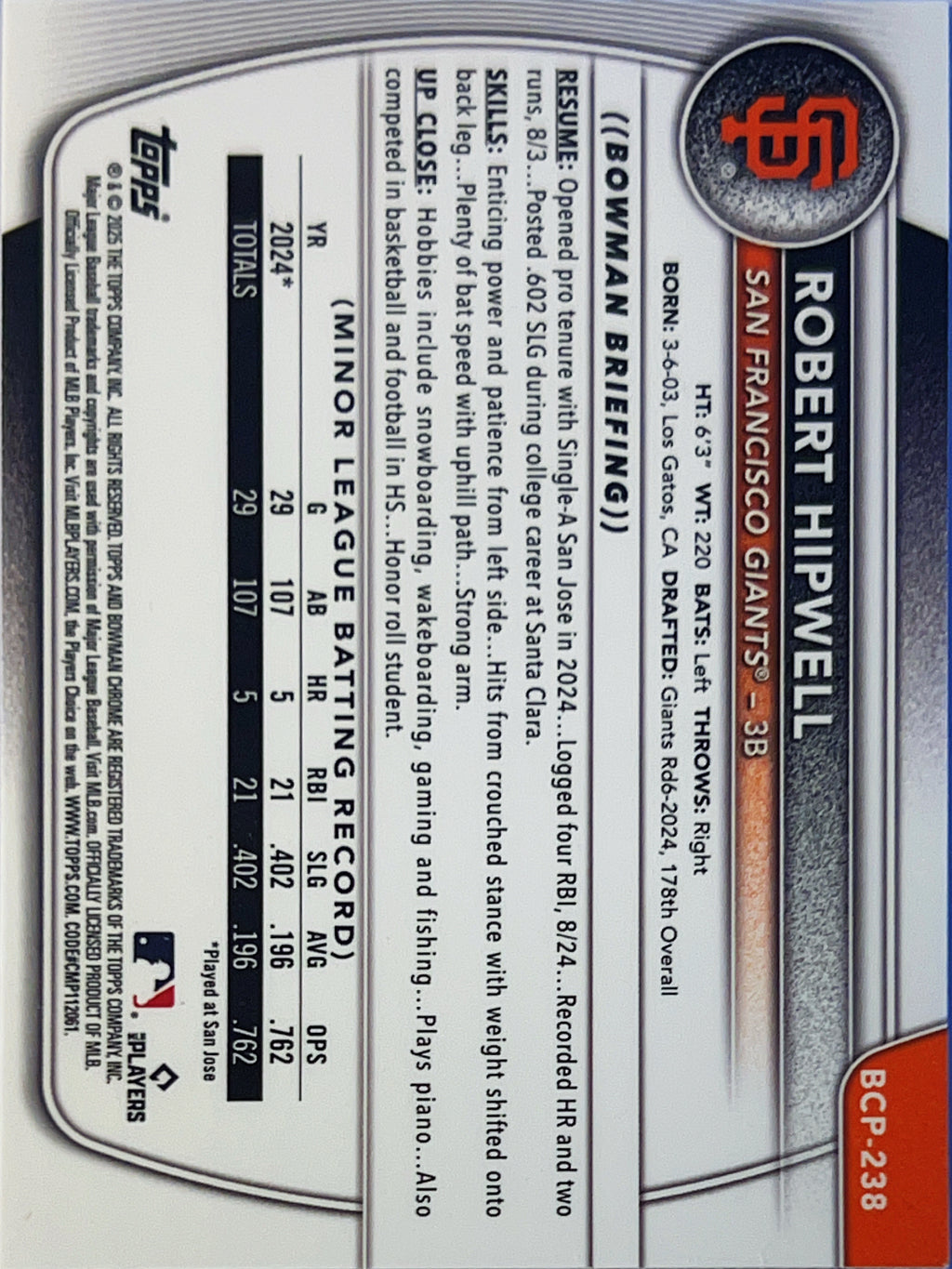 2025 Topps Bowman Chrome Robert Hipwell #BCP-238