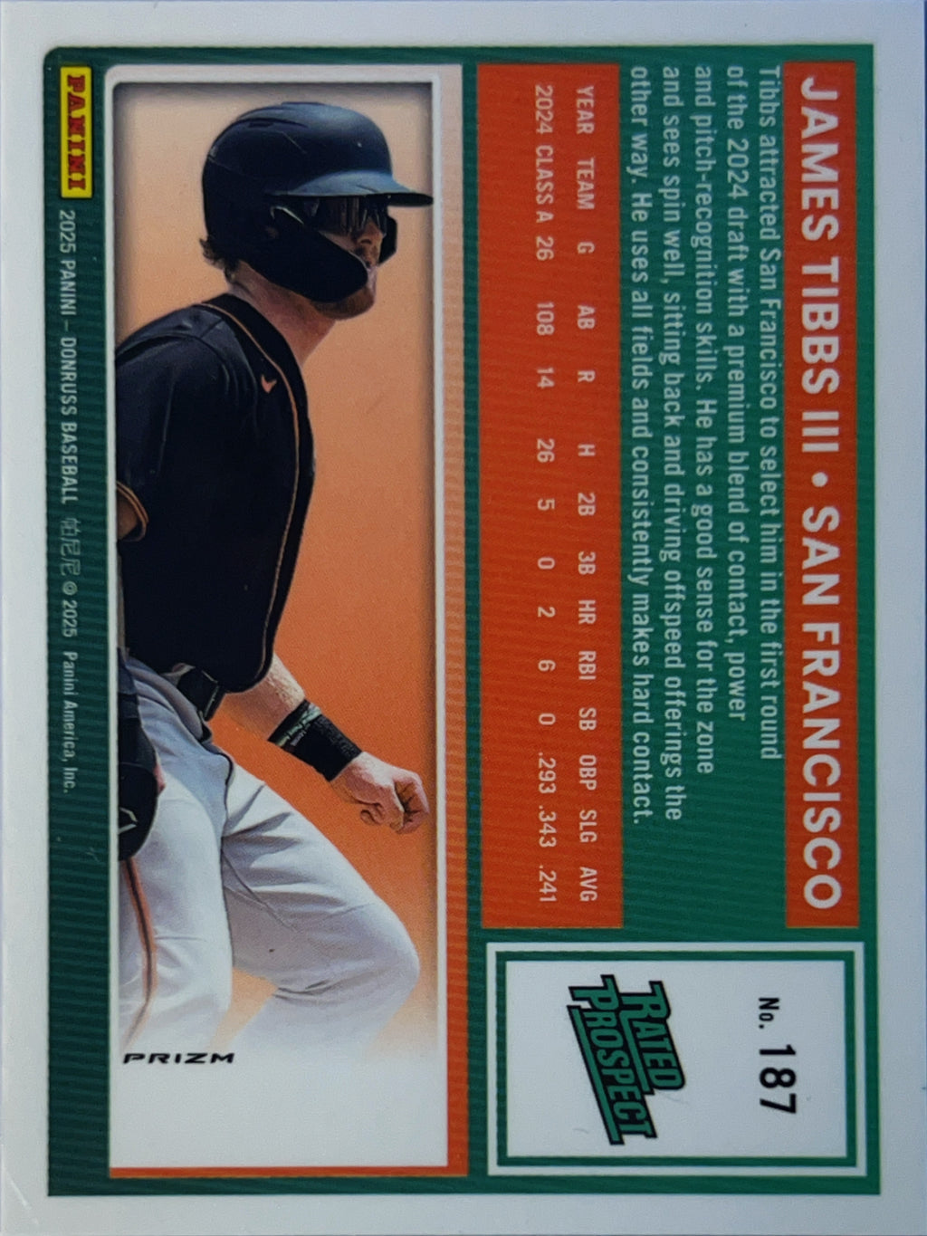 2025 Panini Donruss James Tibbs III #187 Blue Velocity Prizm Rated Prospect