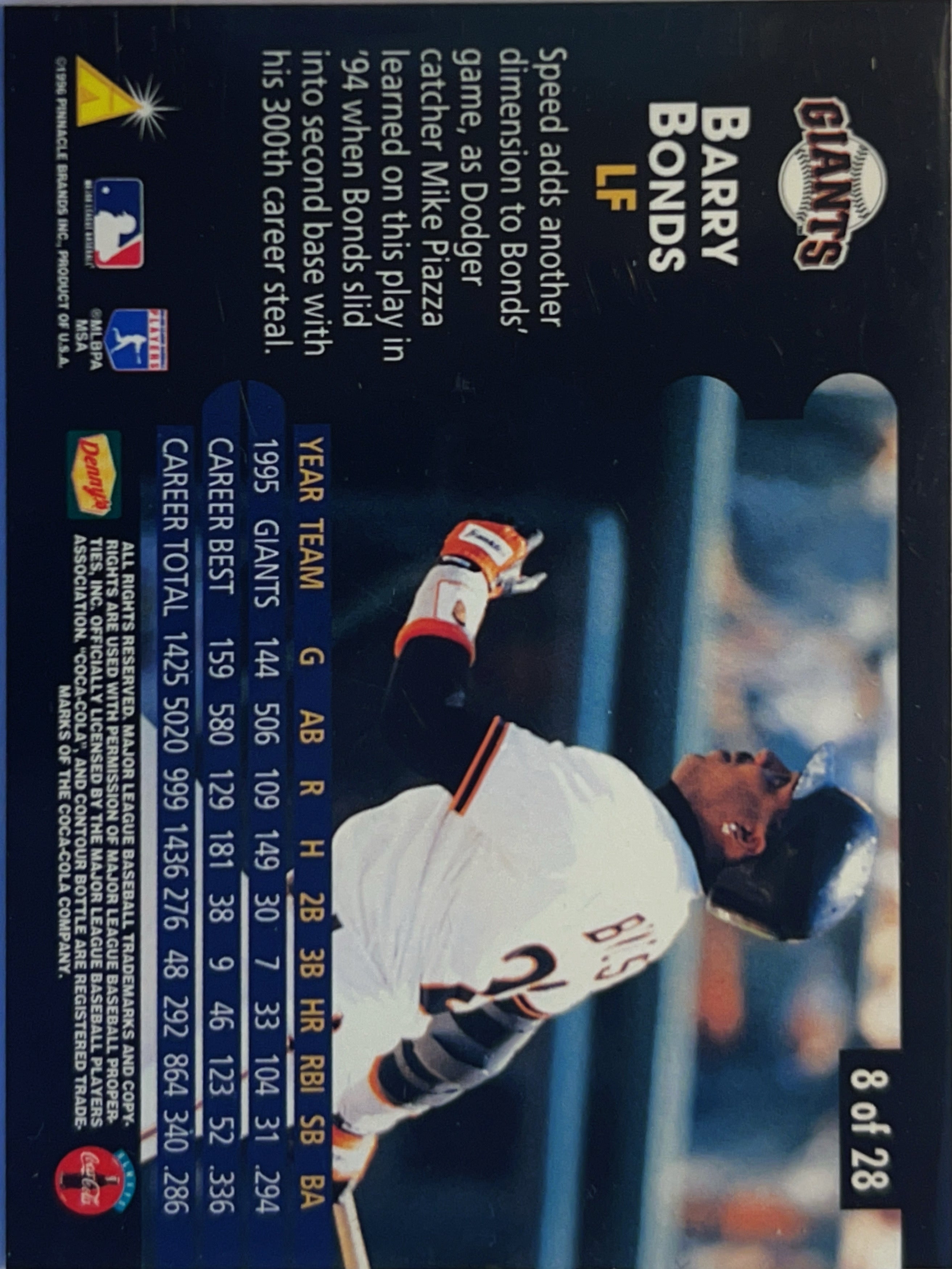 1996 Pinnacle Denny's Hologram Barry Bonds #8 of 28