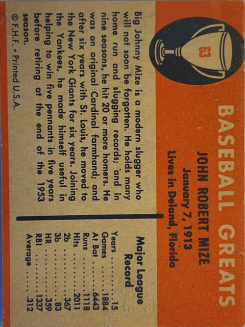 1961 Fleer Baseball Greats Johnny Mize #63