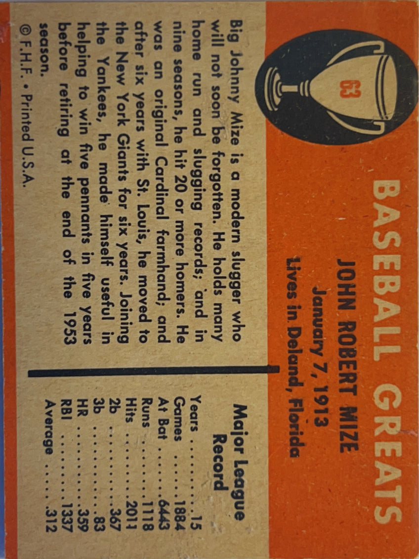 1961 Fleer Baseball Greats Johnny Mize #63