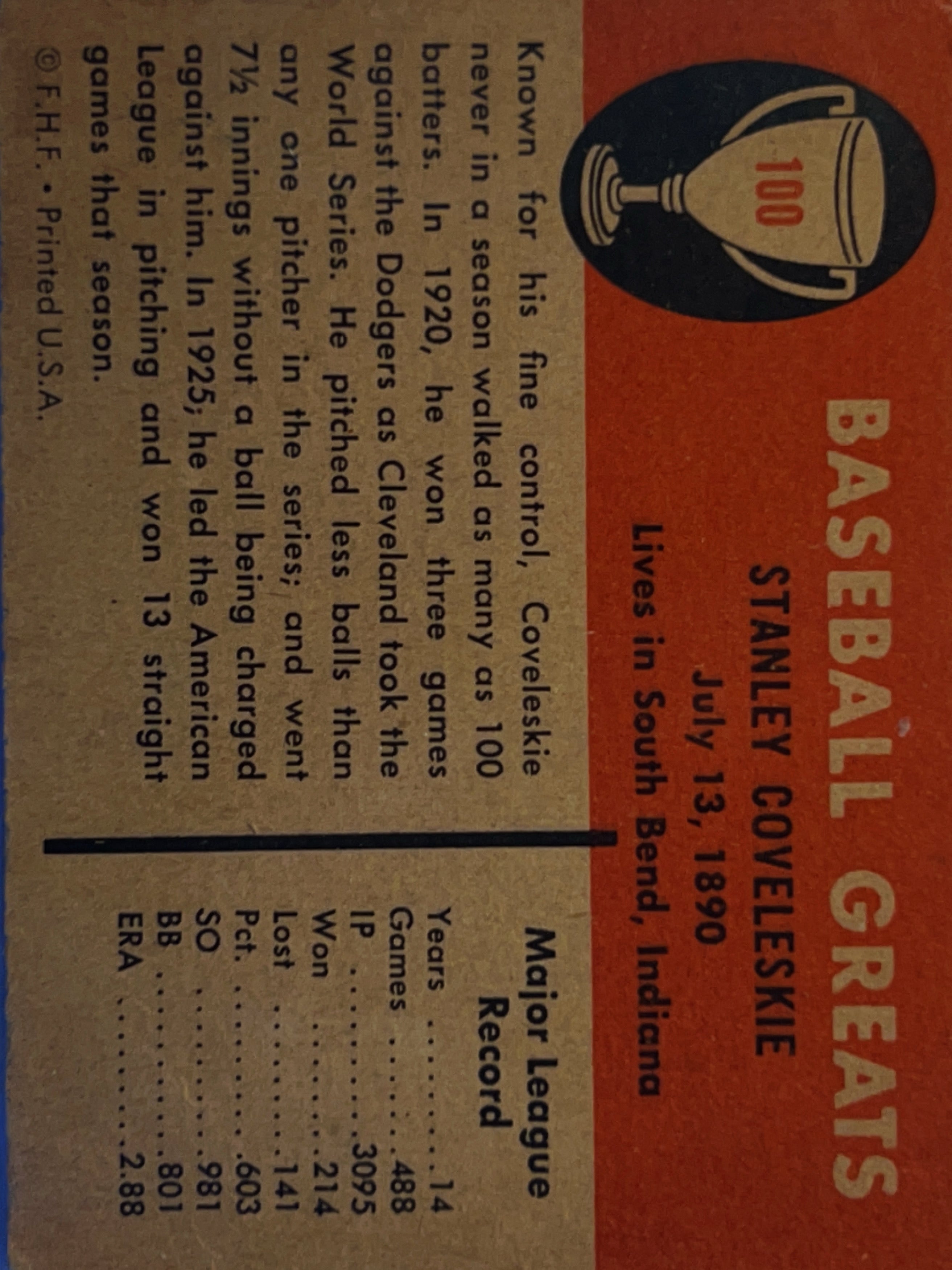 1961 Fleer Baseball Greats Stanley Coveleskie