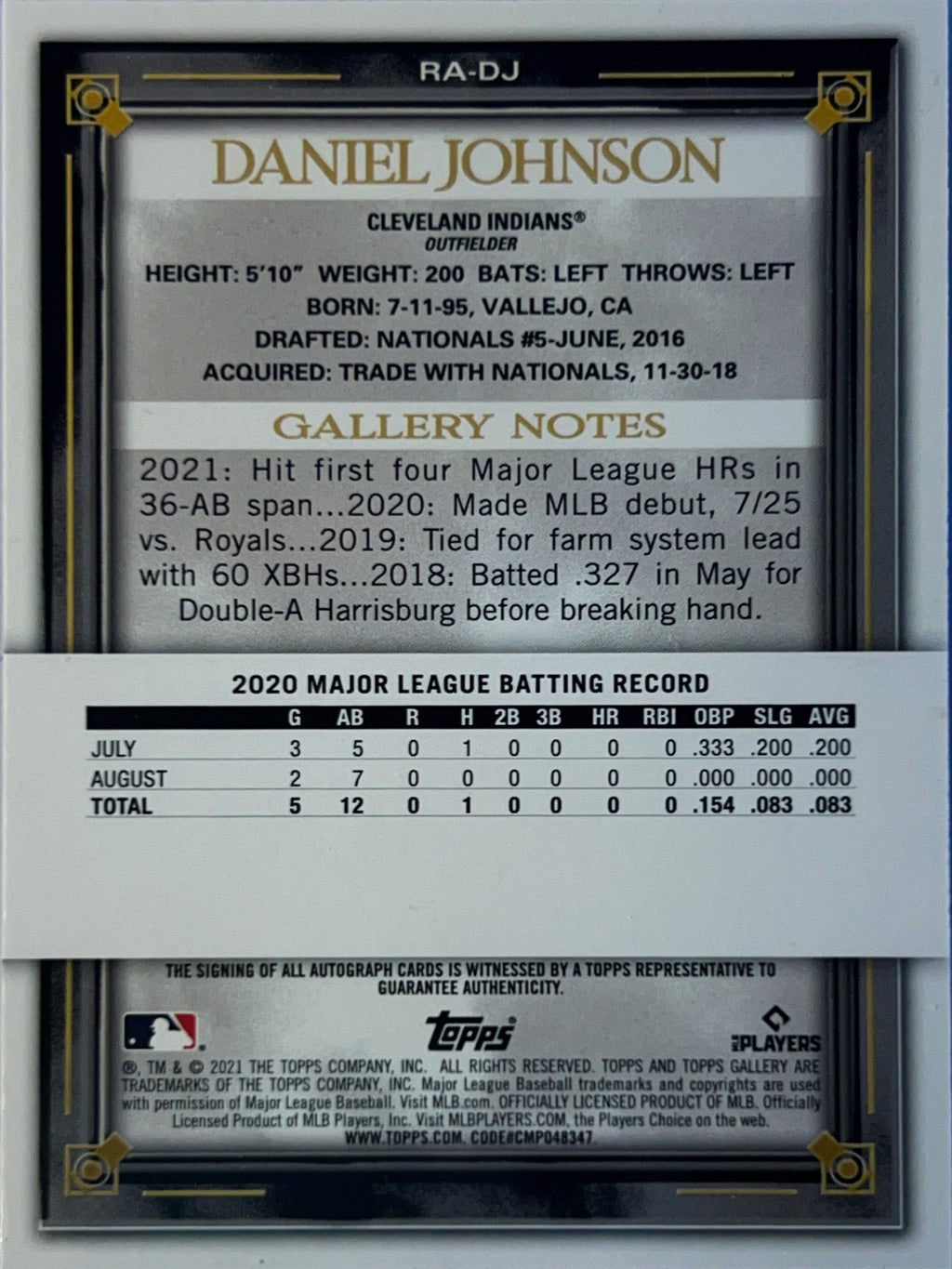 2021 Topps Gallery Daniel Johnson #RA-DJ /25 RC