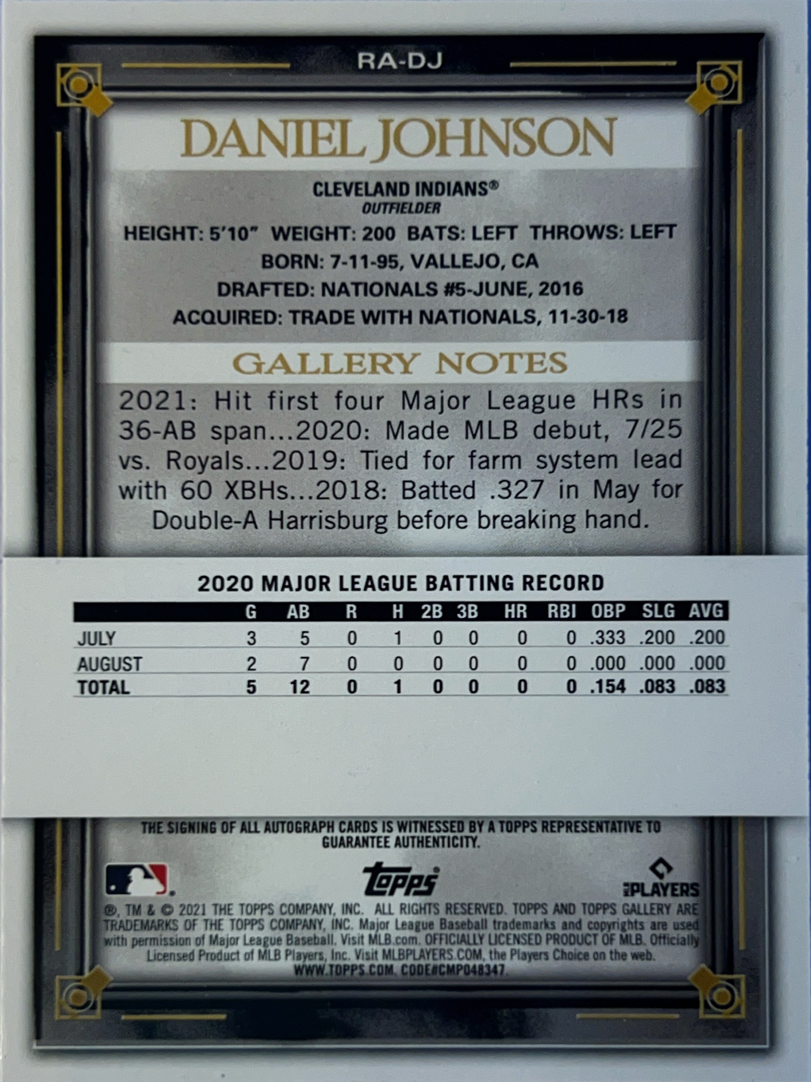 2021 Topps Gallery Daniel Johnson #RA-DJ /25 RC