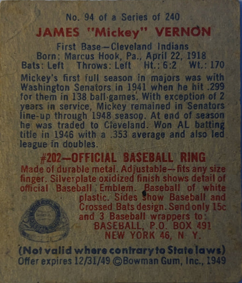 1949 Bowman Mickey Vernon #94