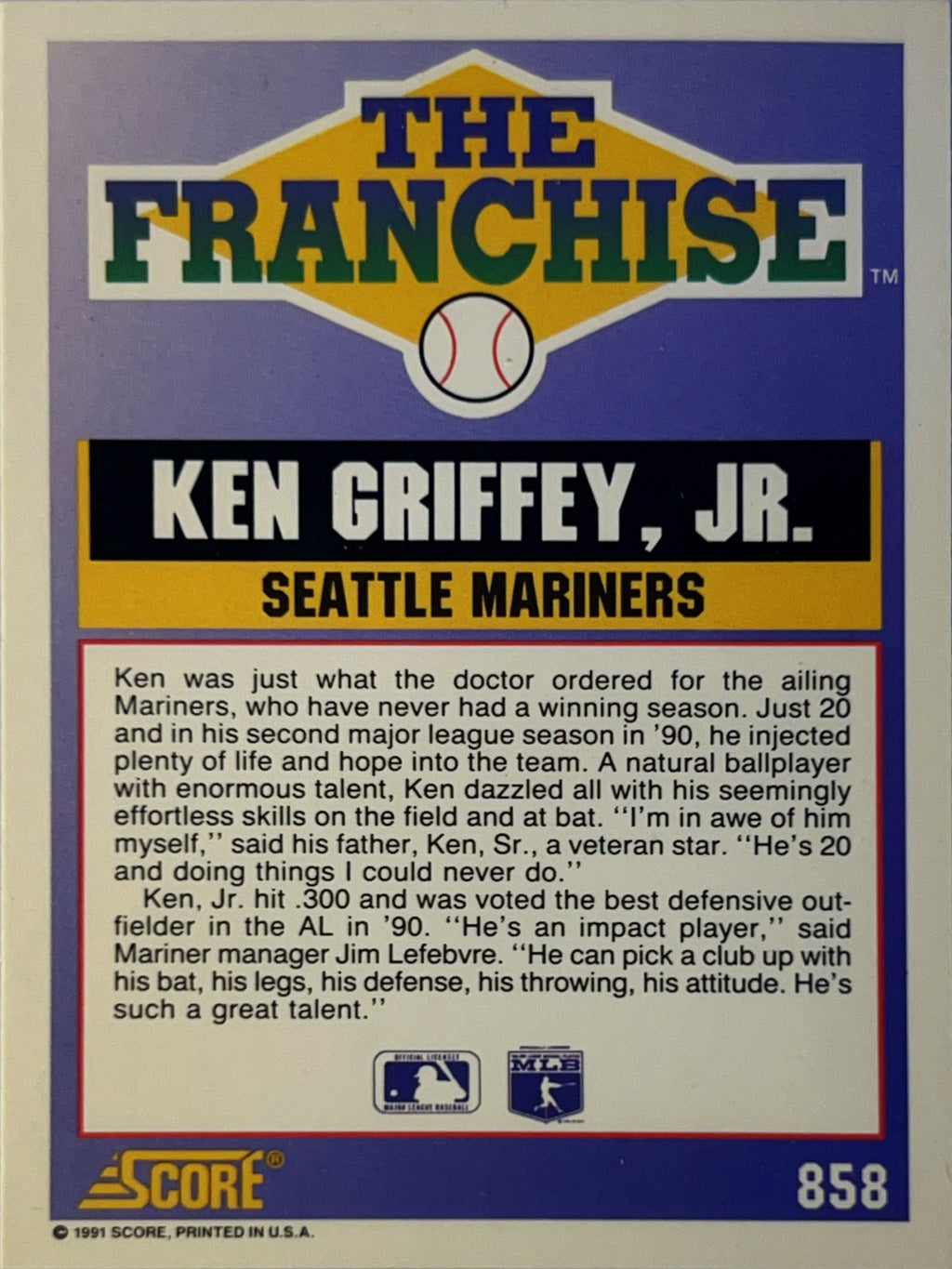 1991 Score The Franchise Ken Griffey Jr. #858
