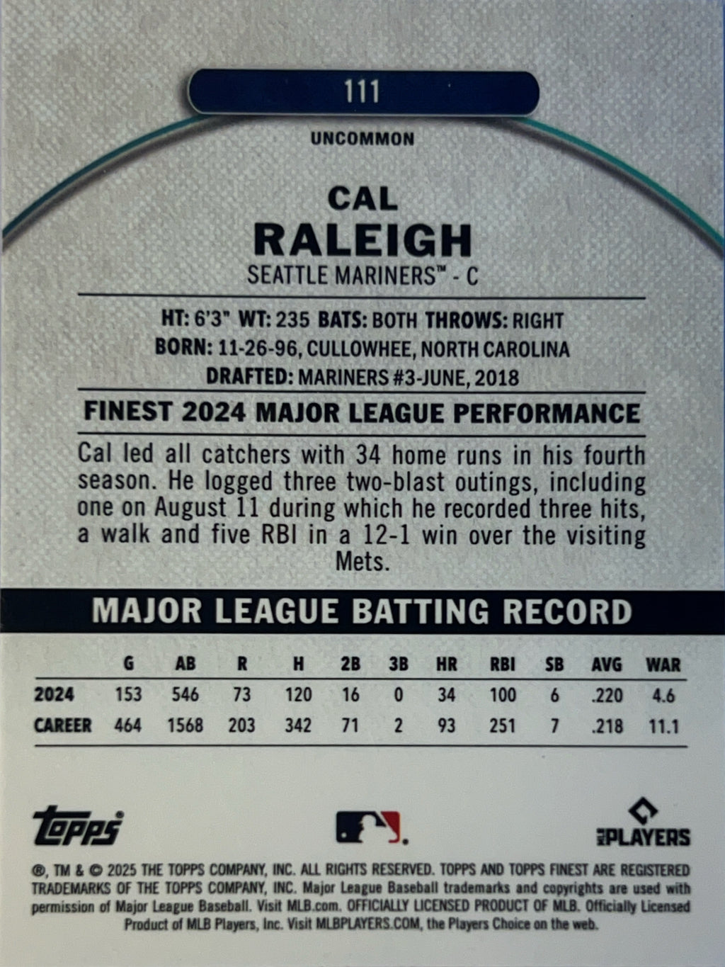 2025 Topps Finest Cal Raleigh #111