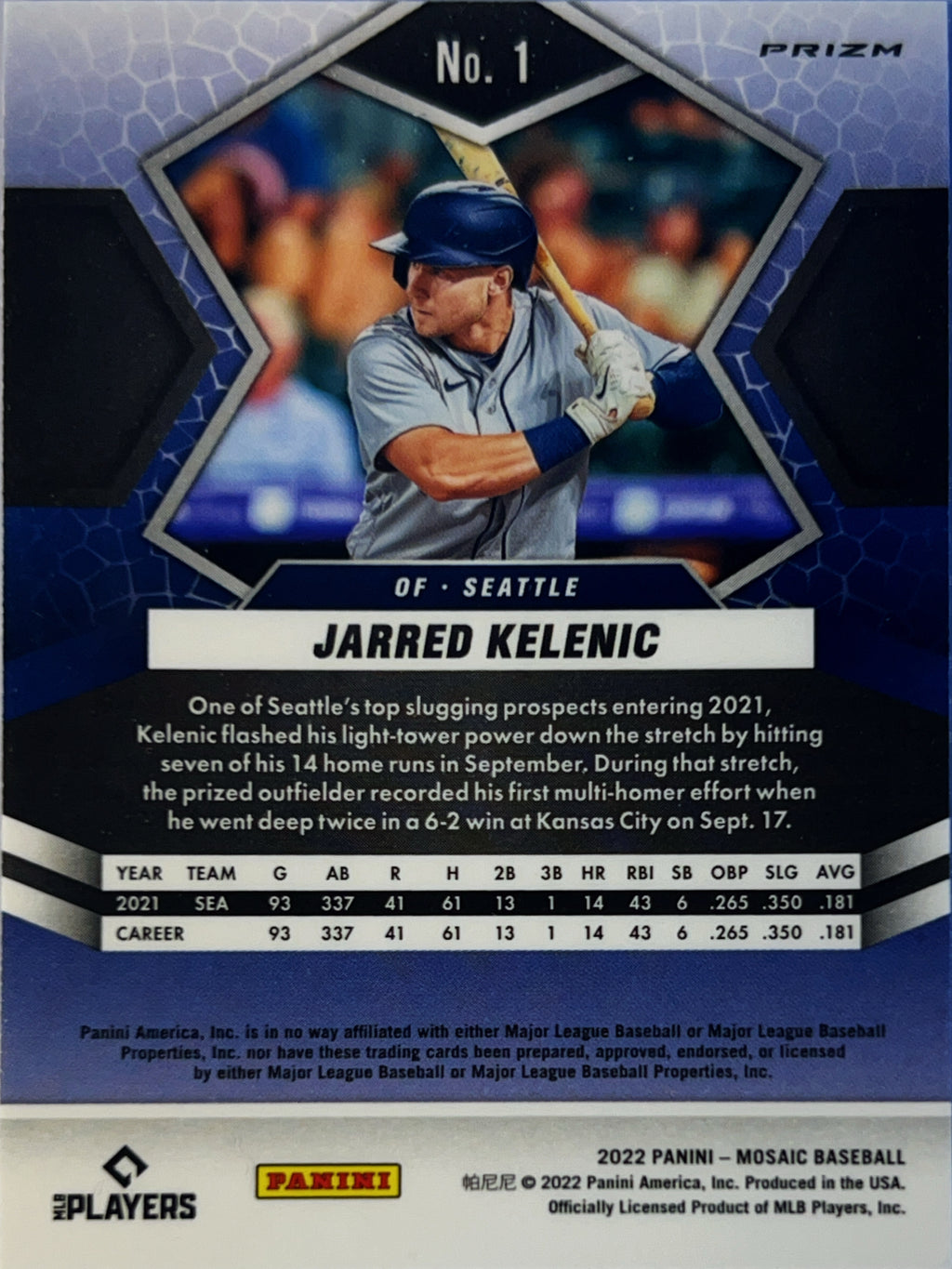 2022 Panini Mosaic Baseball Jarred Kelenic #1 Blue Prizm