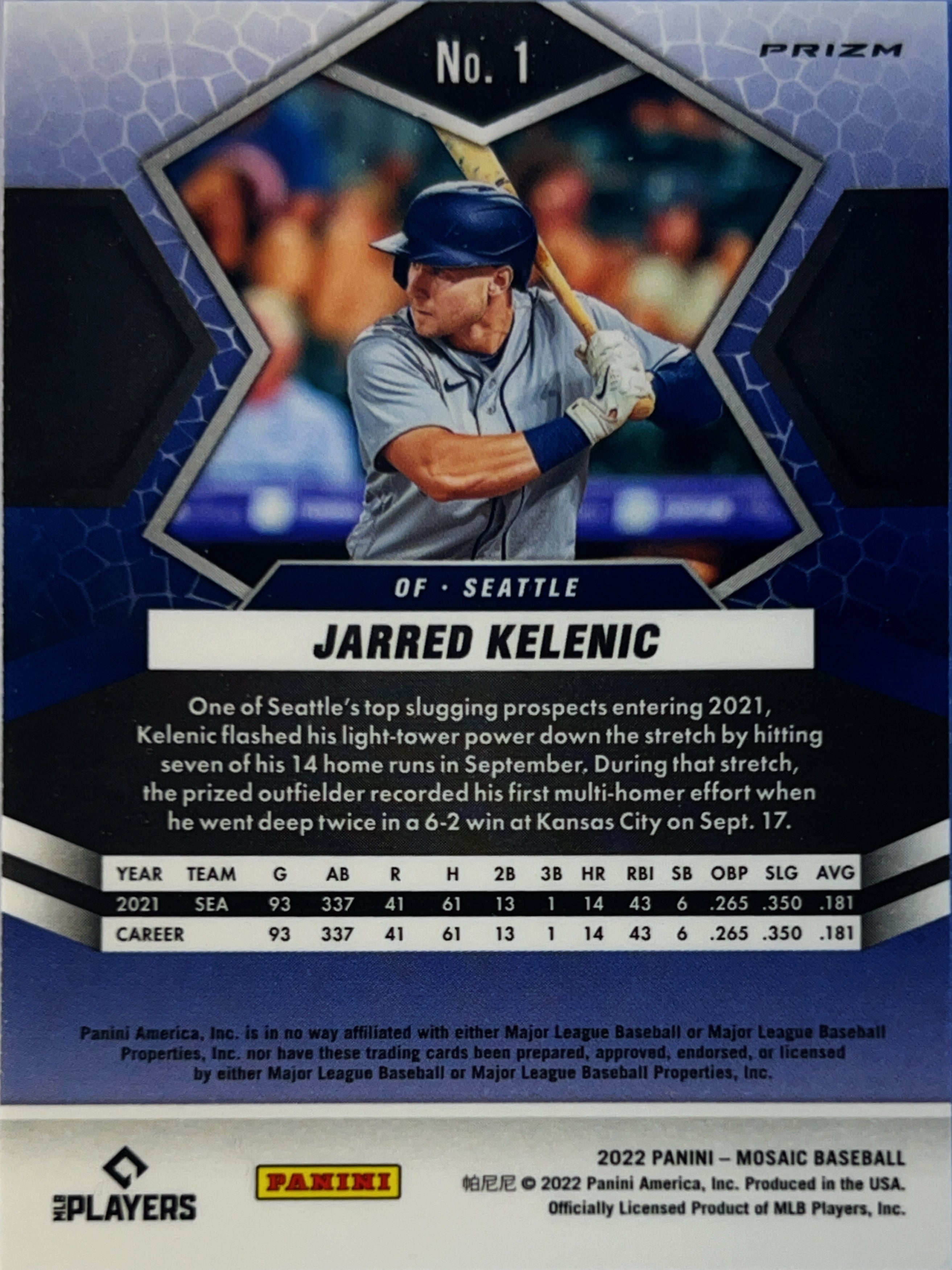 2022 Panini Mosaic Baseball Jarred Kelenic #1 Blue Prizm