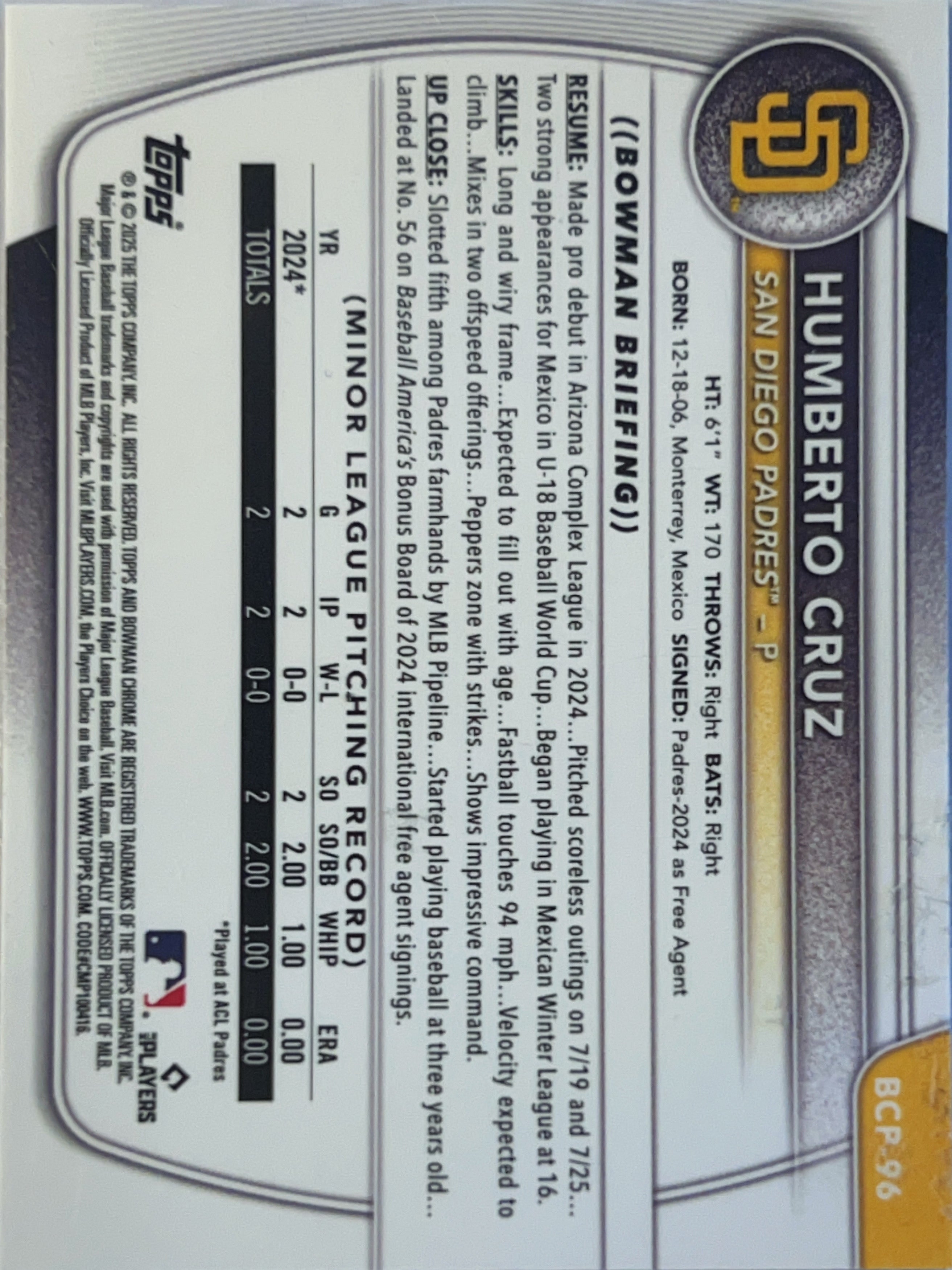 2024 Bowman Chrome Humberto Cruz #BCP-96 Reptilian Refractor