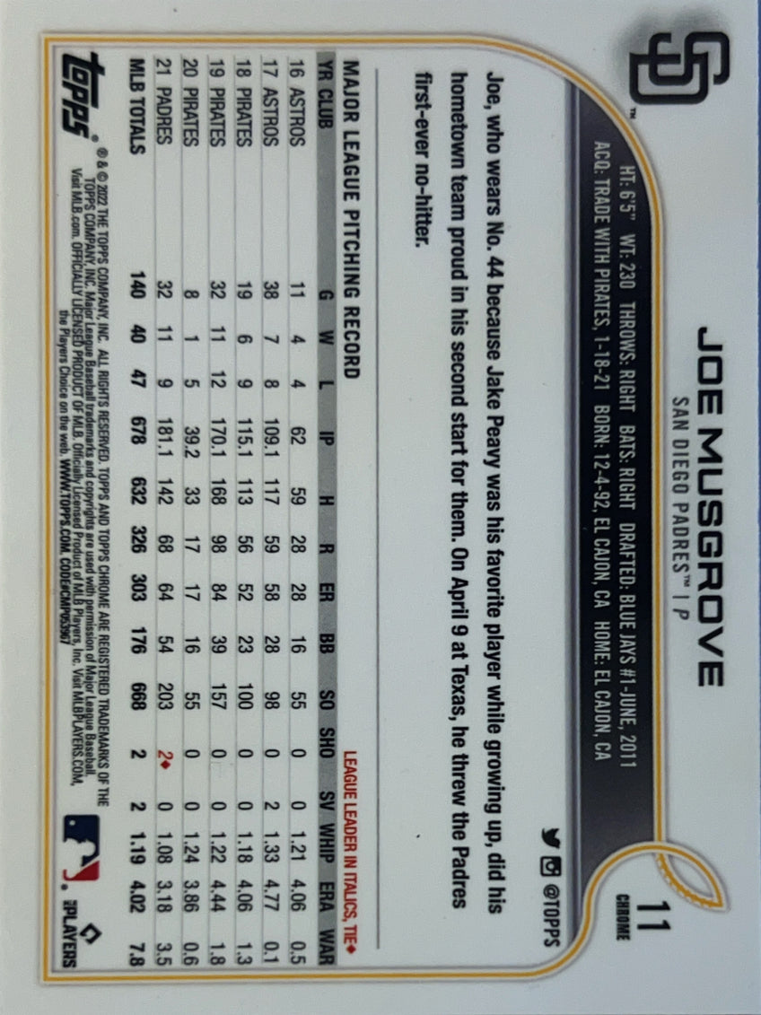 2022 Topps Chrome Joe Musgrove #11 Pink Refractor