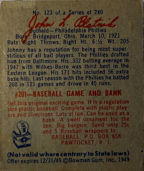 1949 Bowman Johnny Blatnick #123