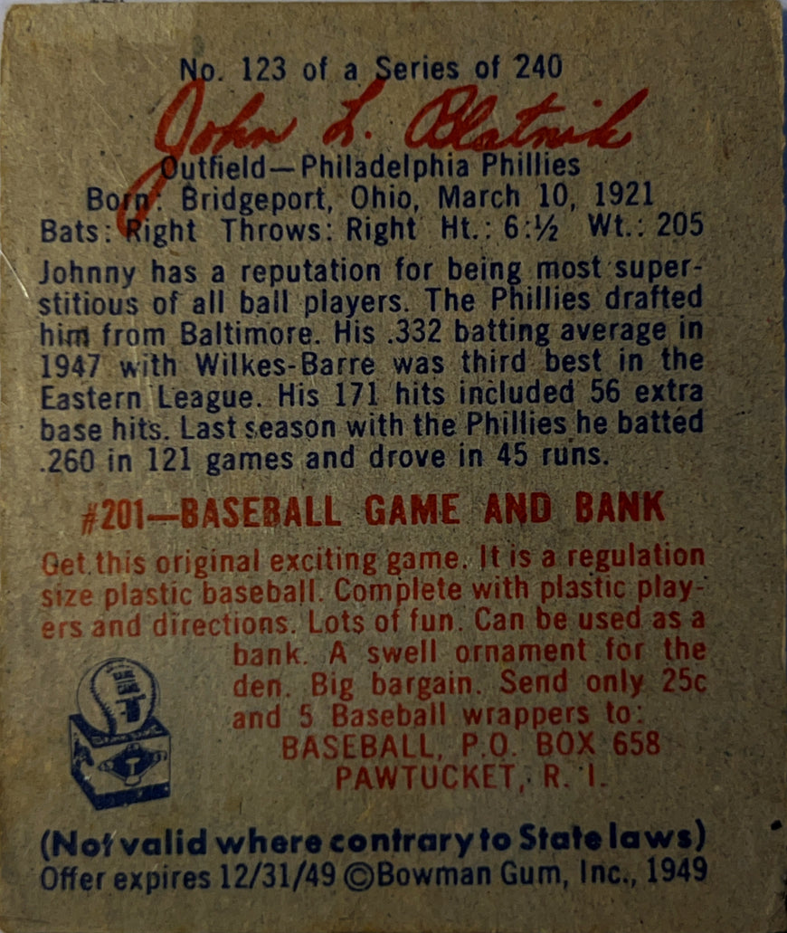 1949 Bowman Johnny Blatnick #123