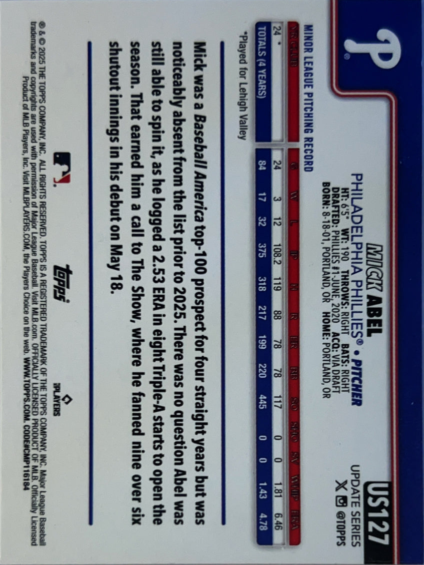 2025 Topps Update Series Mick Abel #US127 Orange Foil RC