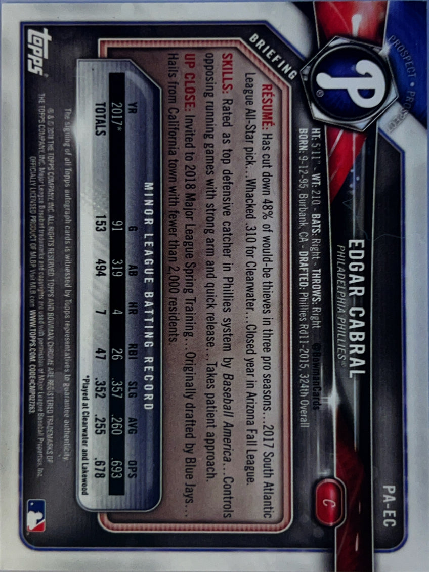 2018 Bowman Chrome Edgar Cabral #PA-EC Refractor
