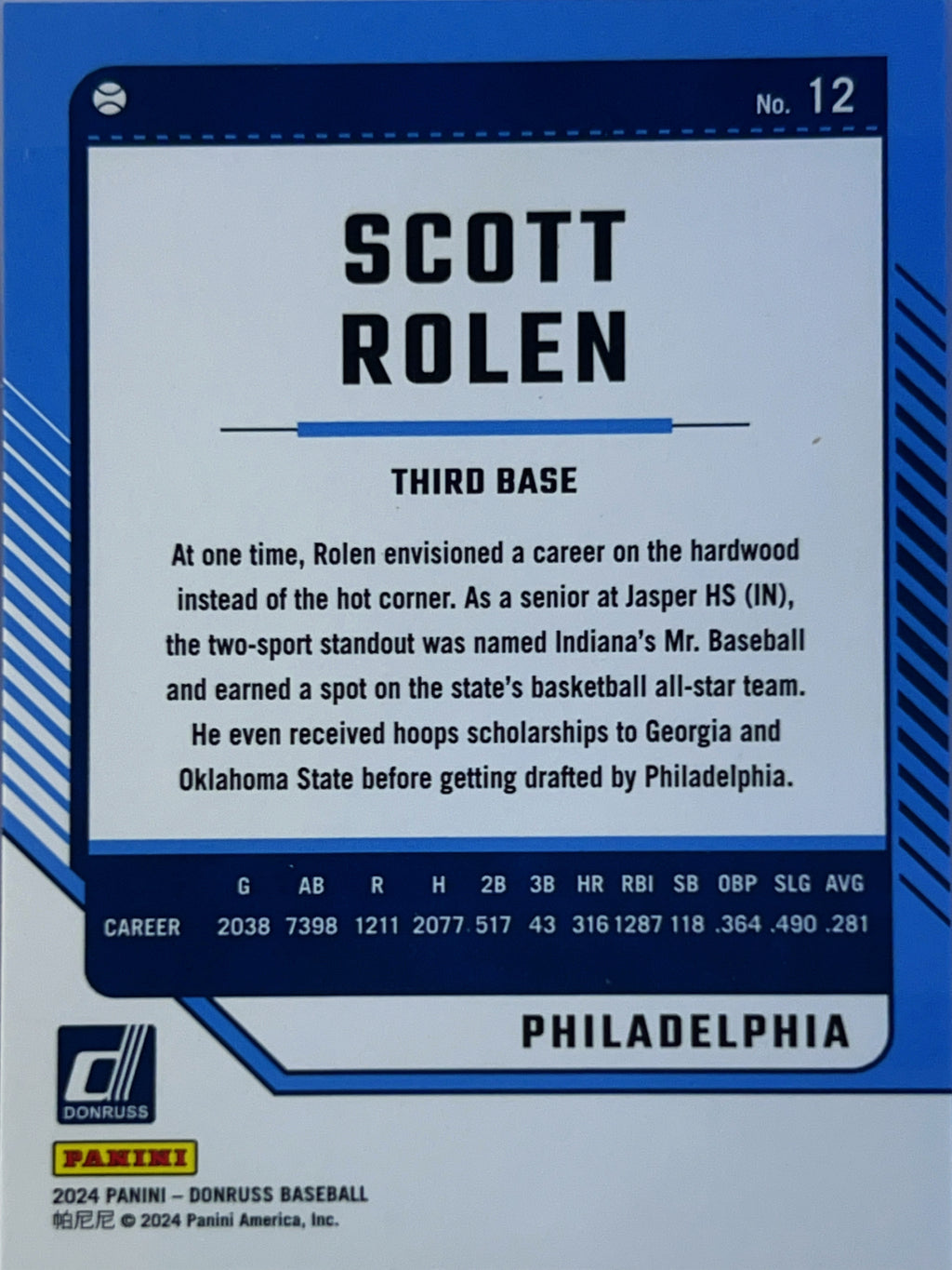 2024 Panini Donruss Baseball Scott Rolen #12 Carolina Blue Laser /249